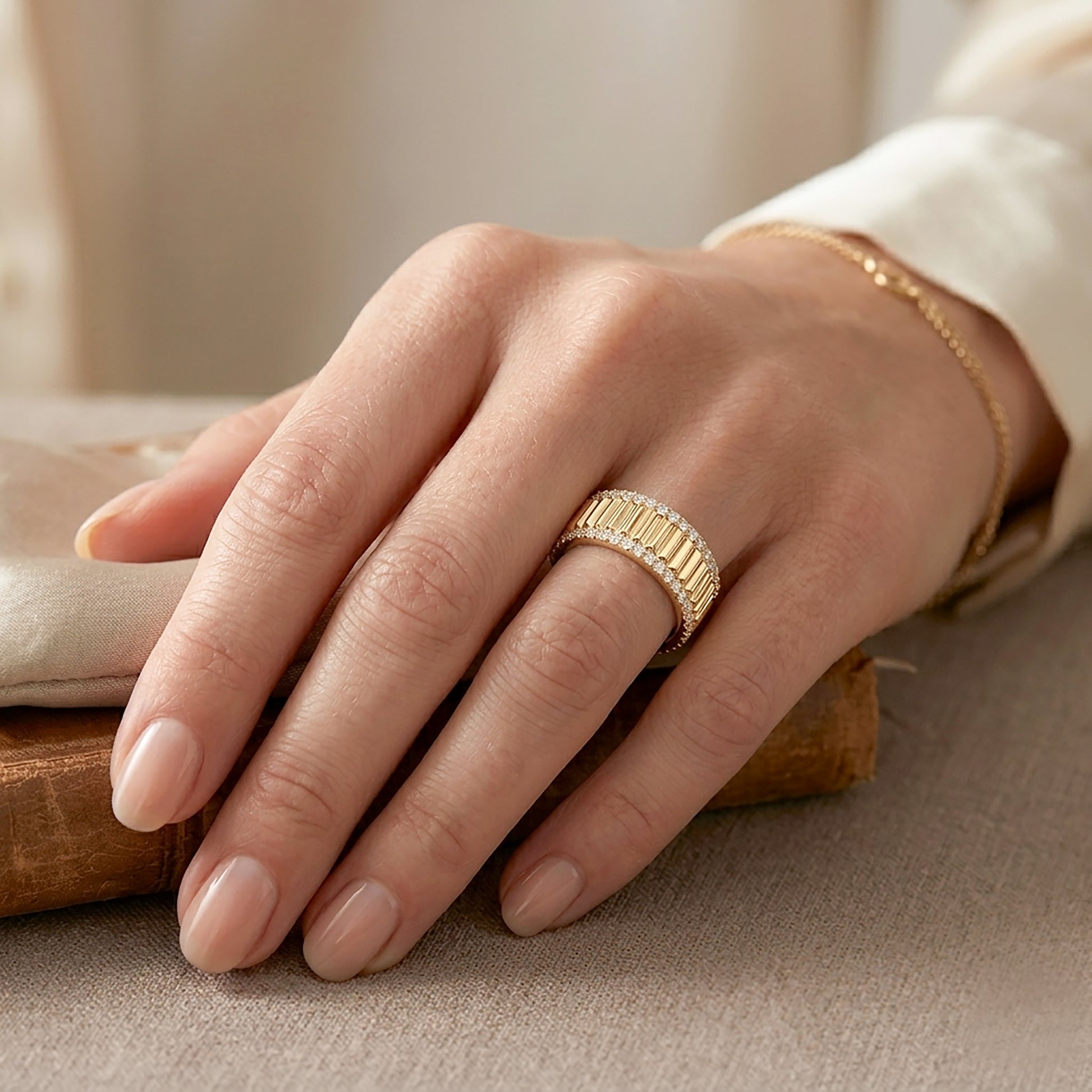 Ridged Diamond Band Ring in 14K Gold