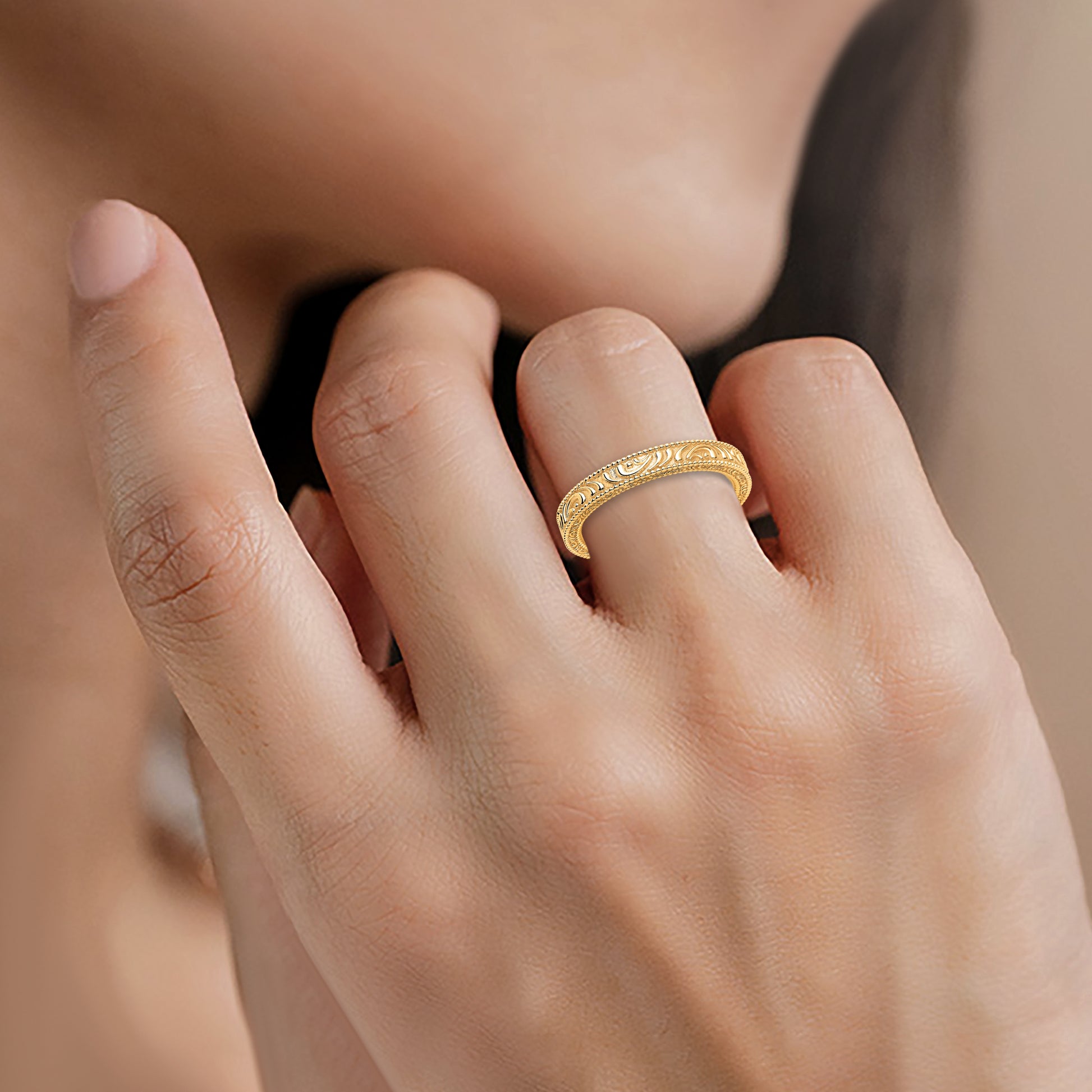 Engraved Gold Band in 14K Gold, Milgrain Detail
