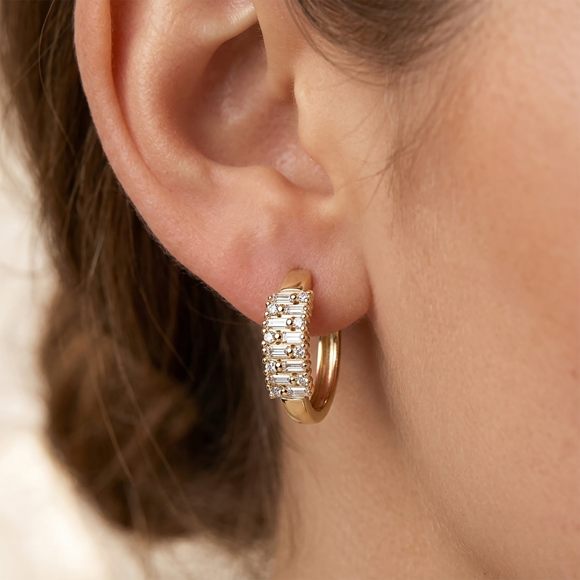 Diamond Bar Huggie Hoops in 14K Gold
