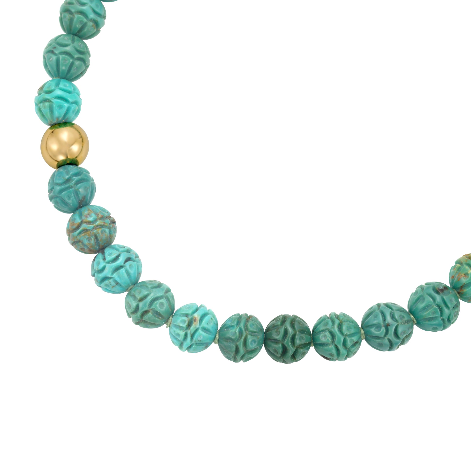 Turquoise Carved Bead Bracelet In 14K Gold