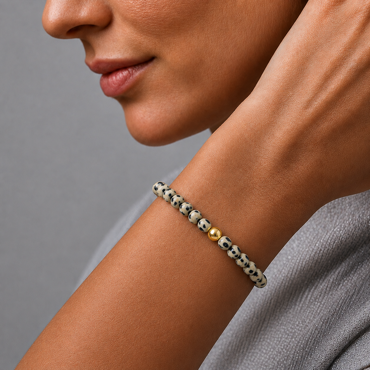 Dalmatian Jasper Bead Bracelet In 14K Gold