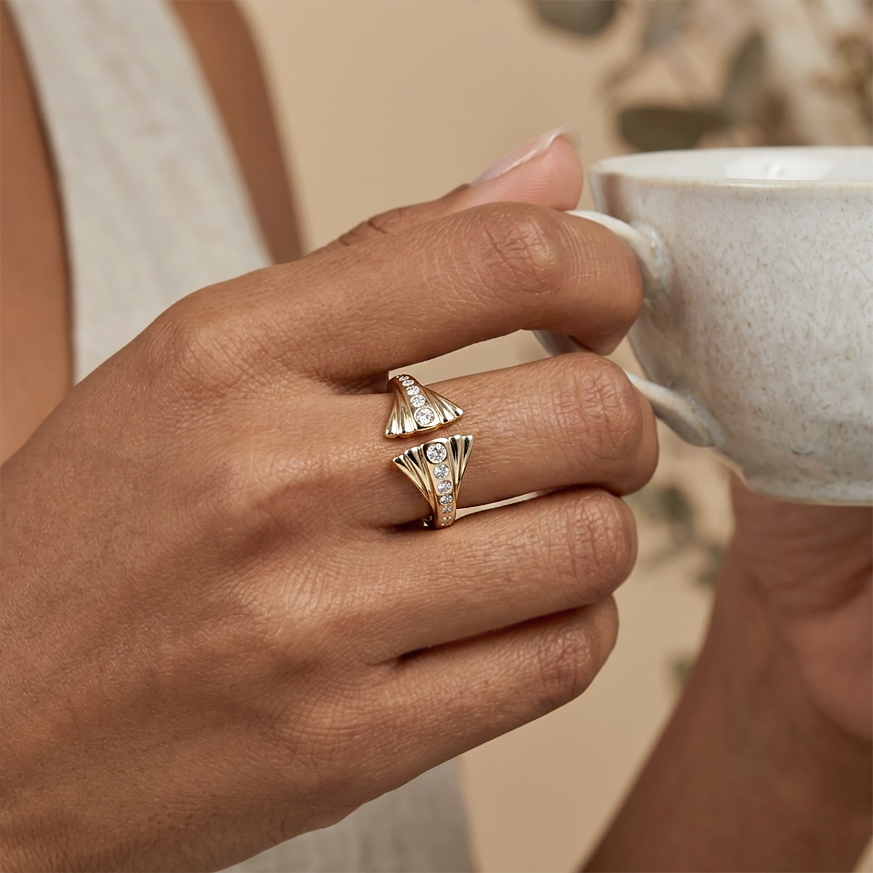 Diamond Studded Leafy Shaped Ring in 14K Gold