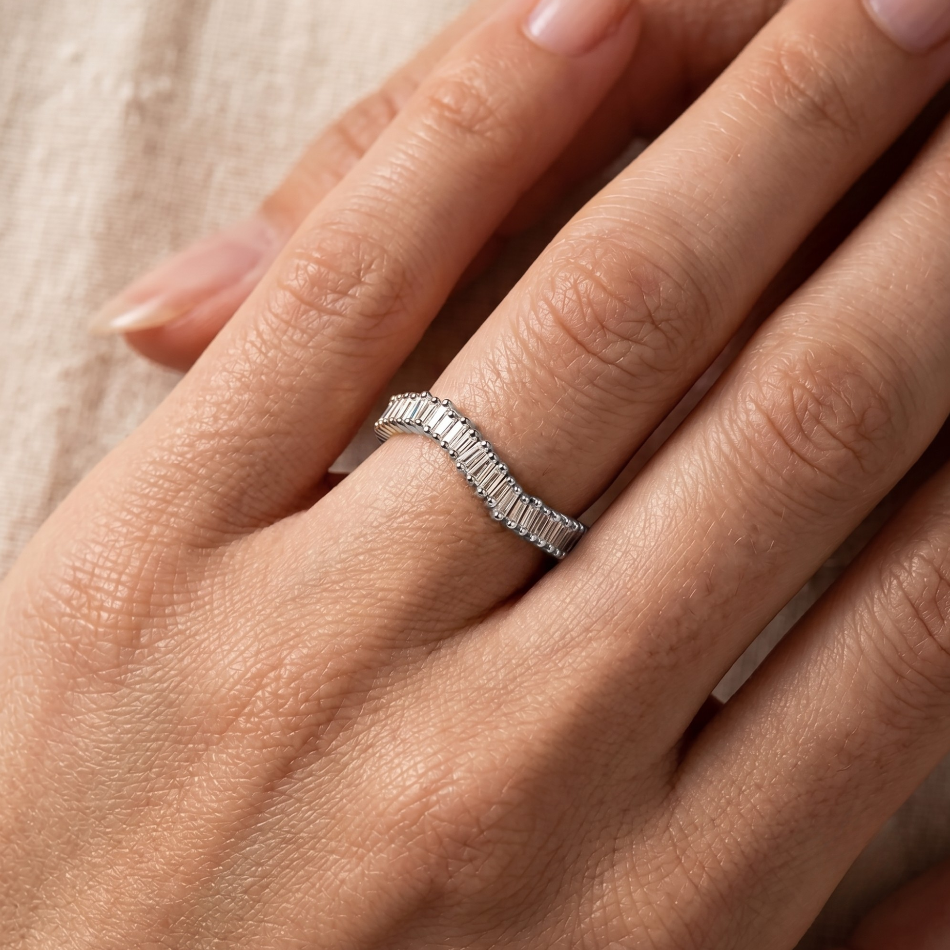 Diamond Baguette Curved Ring In 14K Gold