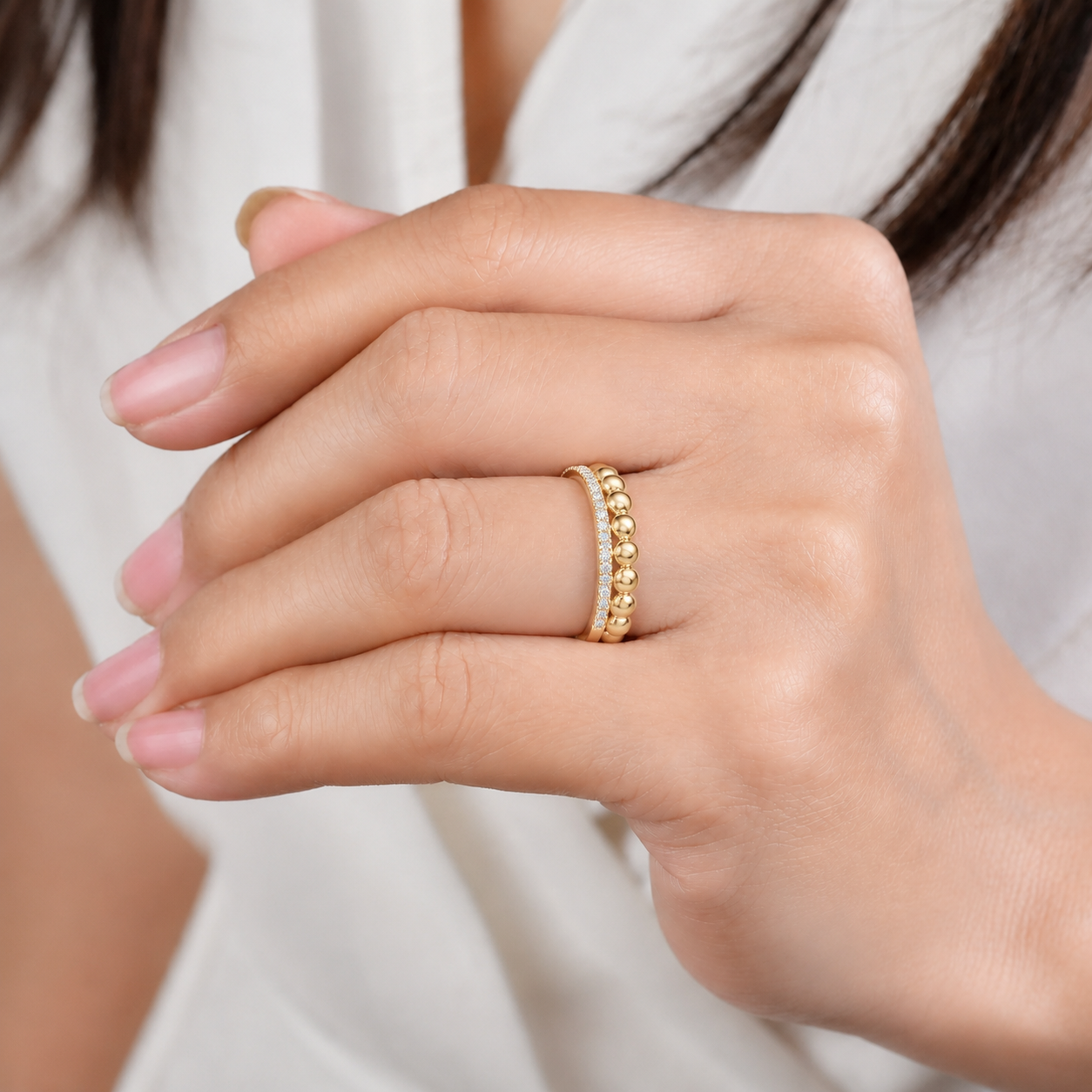 Diamond Beaded Band Ring in 14K Gold
