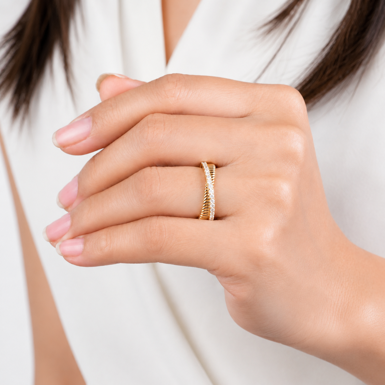 Diamond Crossover Stackable Ring in 14K Gold