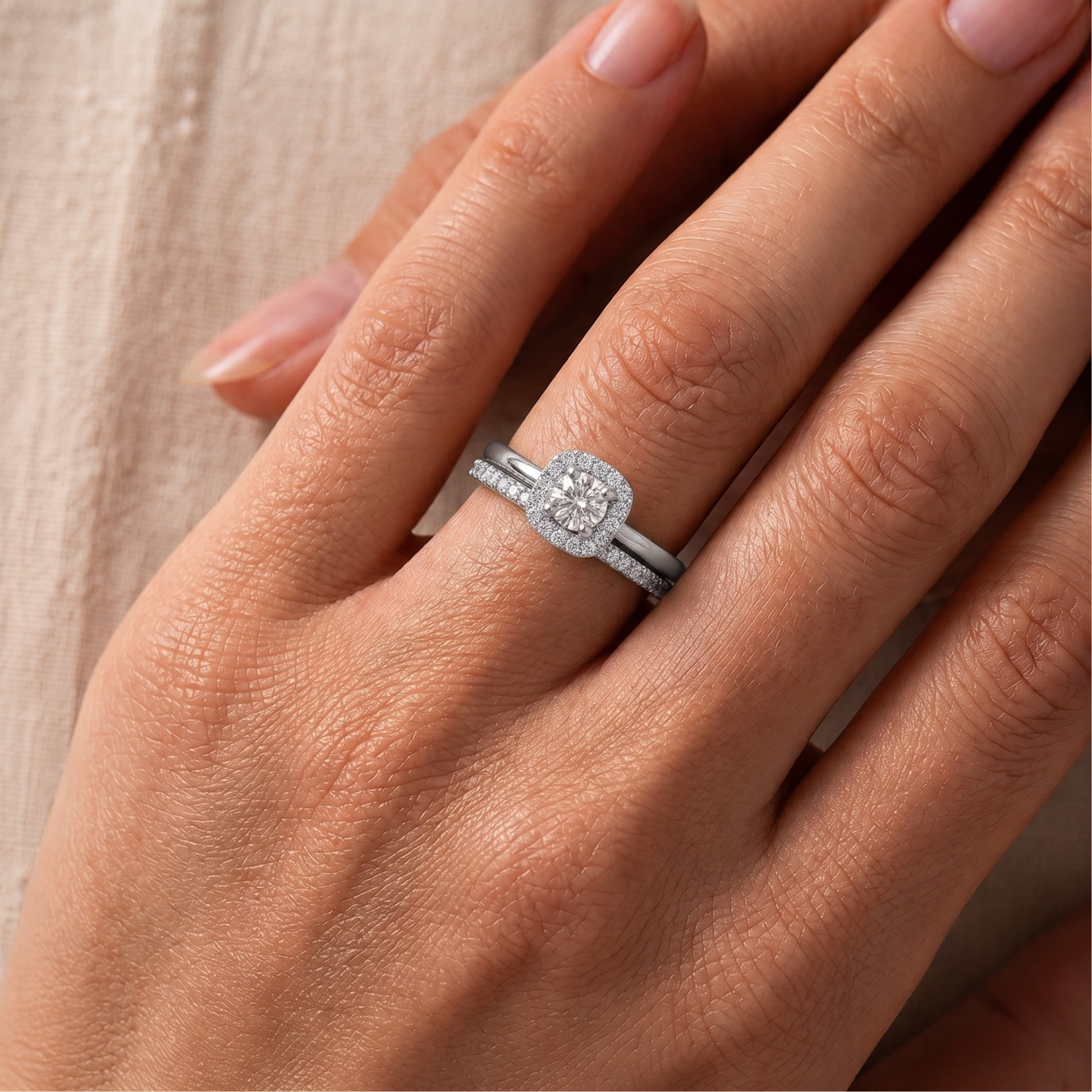 Diamond Cushion Double Band Ring in 14K Gold
