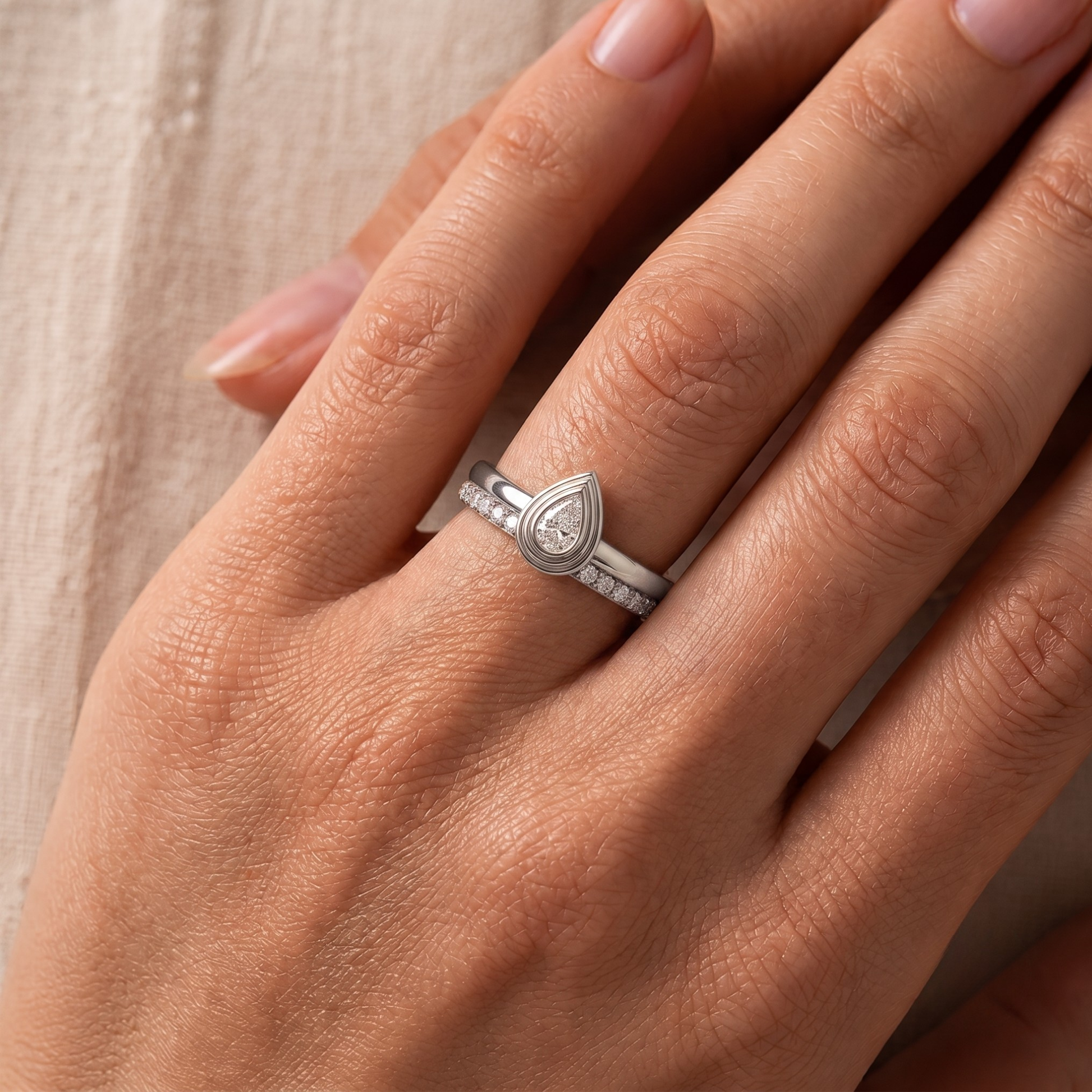 Diamond Pear Bezel-Set Double Band Ring In 14K Gold