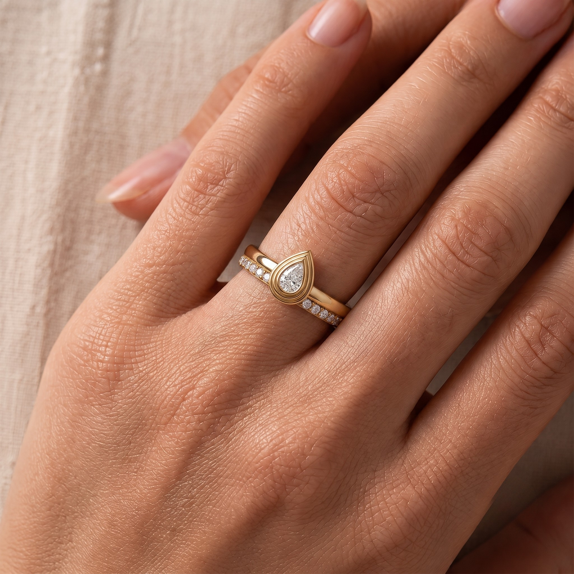 Diamond Pear Bezel-Set Double Band Ring In 14K Gold