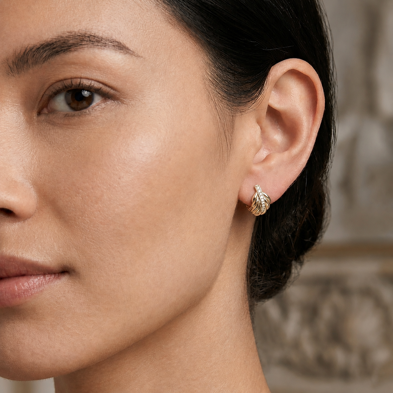 Diamond Studded Leafy Shaped Earrings in 14K Gold