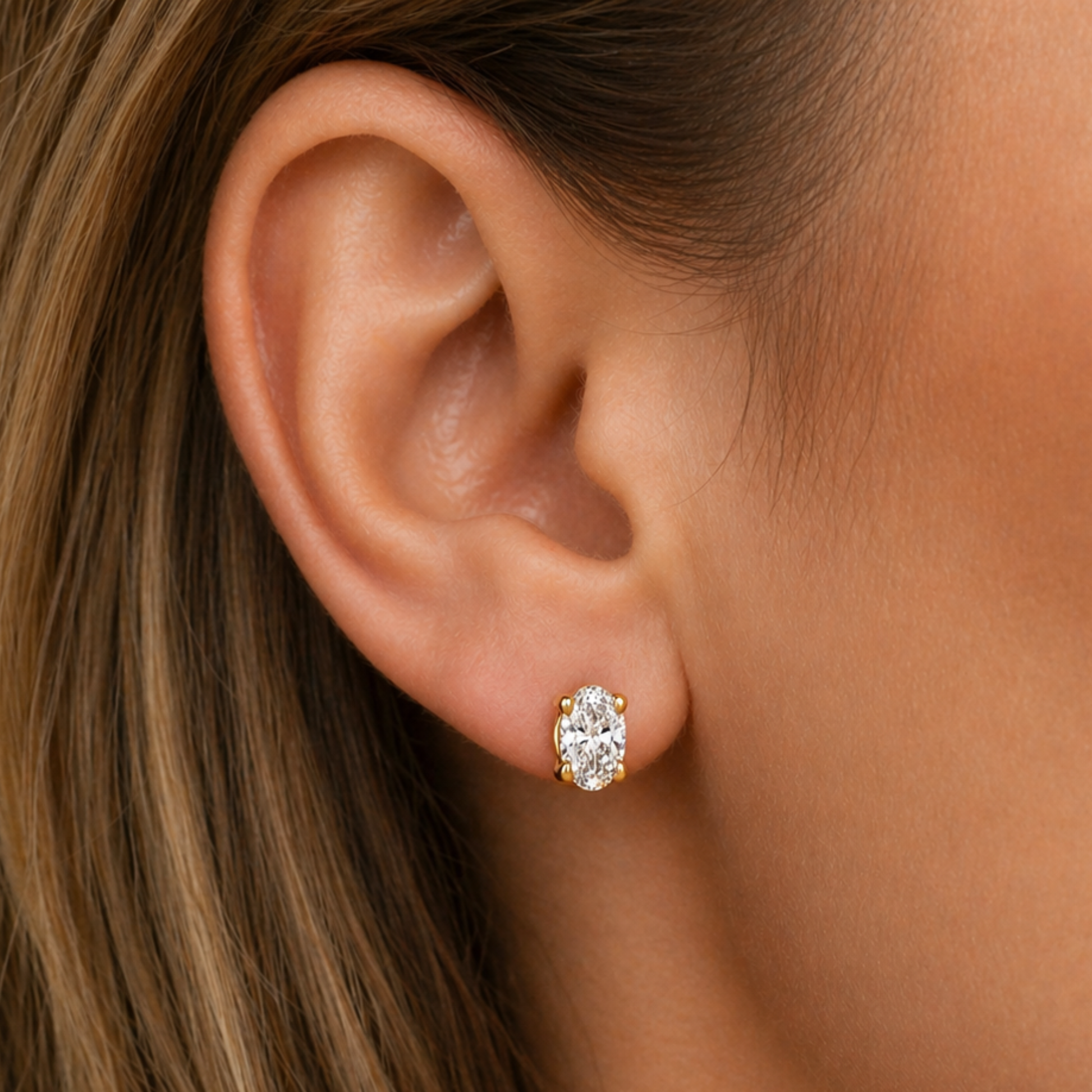 Oval Natural Diamond Stud Earrings in 14K Gold