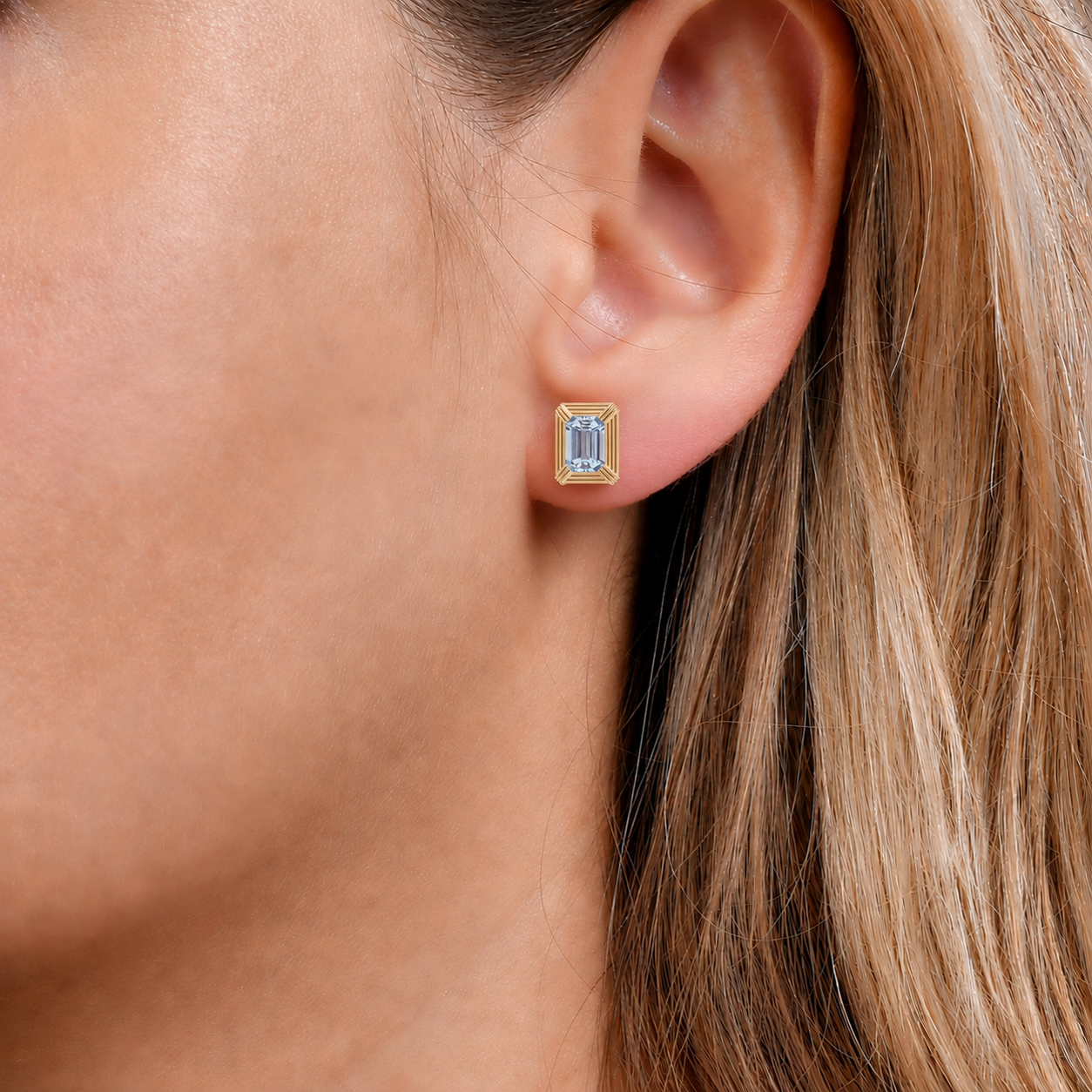 Emerald-Cut Aquamarine Halo Frame Earrings In 14K Gold