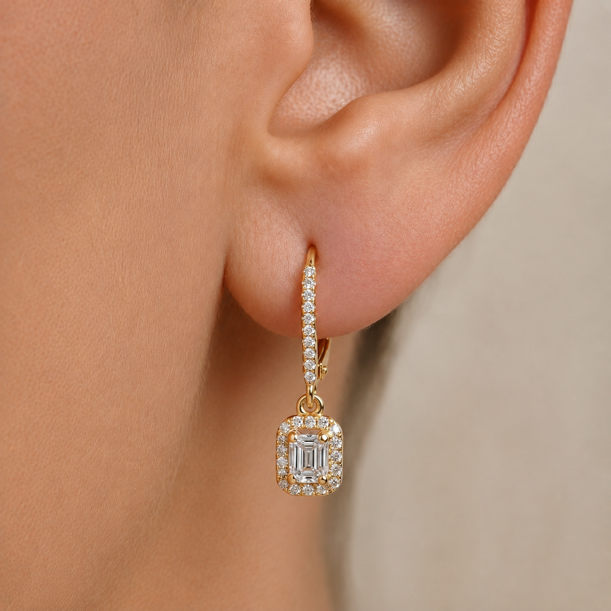 Emerald-Cut Diamond Halo Drop Earrings In 14K Gold
