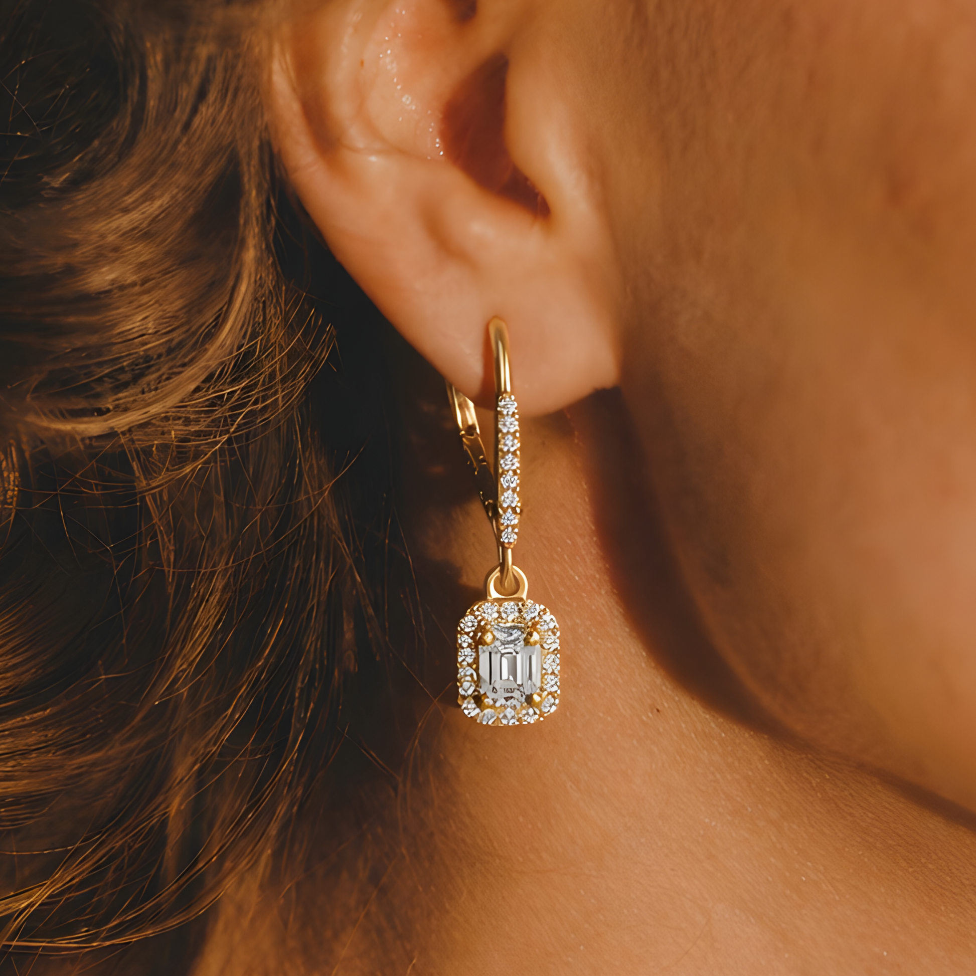 Emerald-Cut Halo Diamond Earrings In 14K Gold
