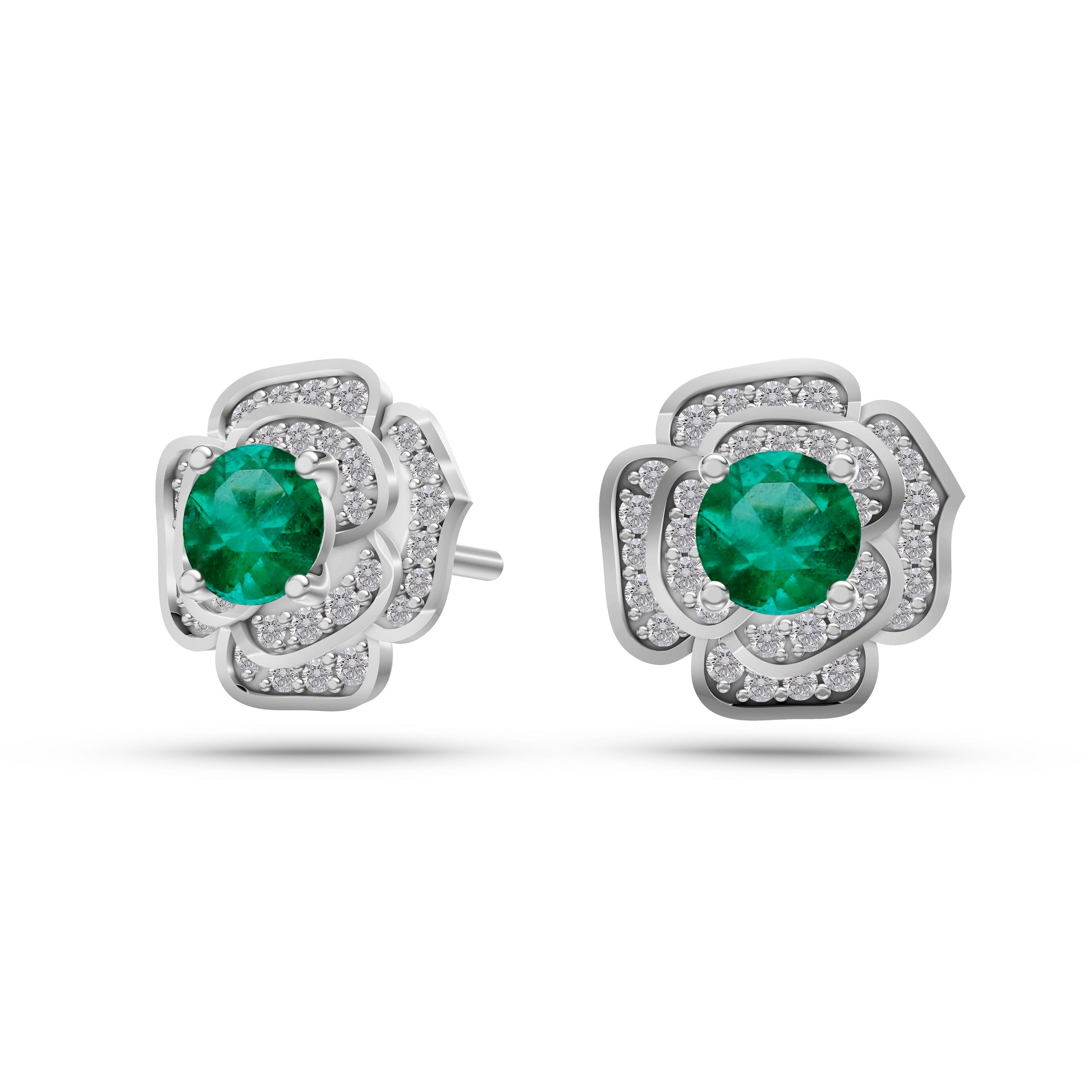 Emerald Blossom Diamond Stud Earrings In 14K Gold