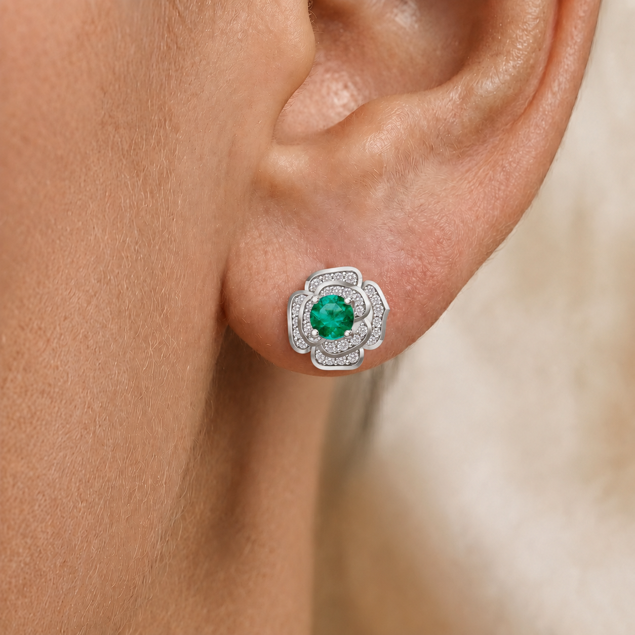 Emerald Blossom Diamond Stud Earrings In 14K Gold