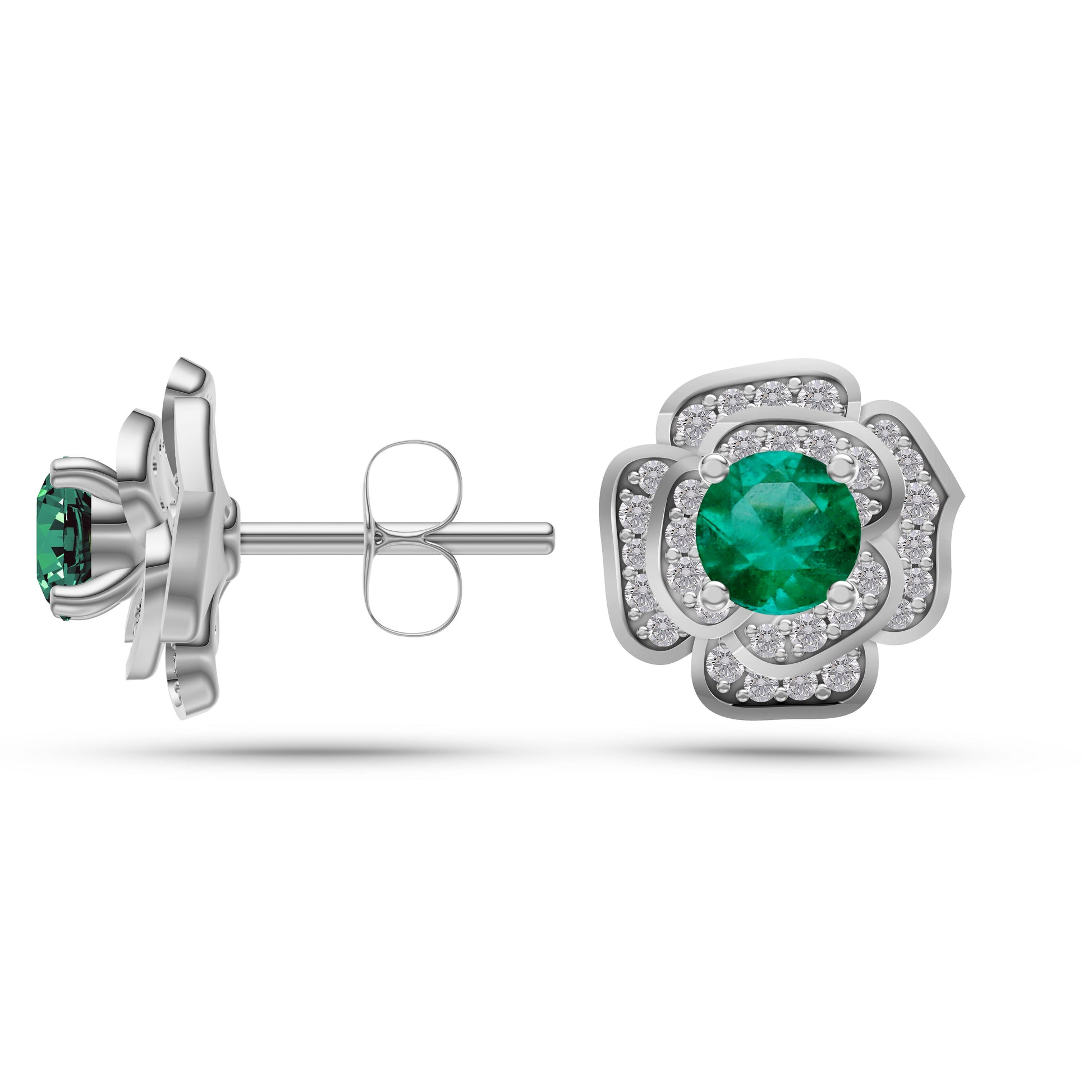 Emerald Blossom Diamond Stud Earrings In 14K Gold