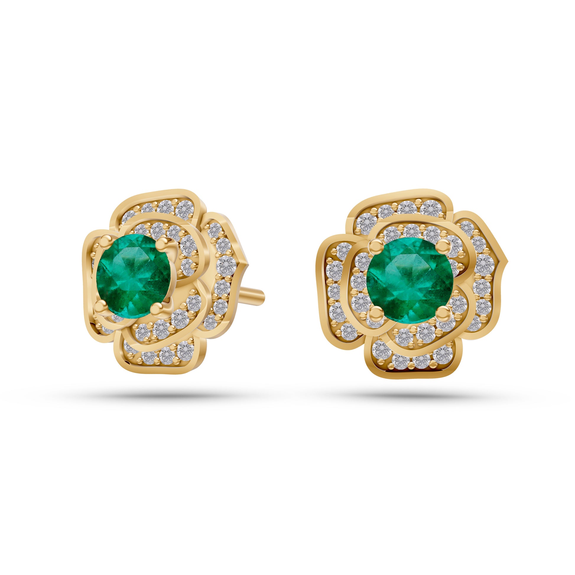 Emerald Blossom Diamond Stud Earrings In 14K Gold