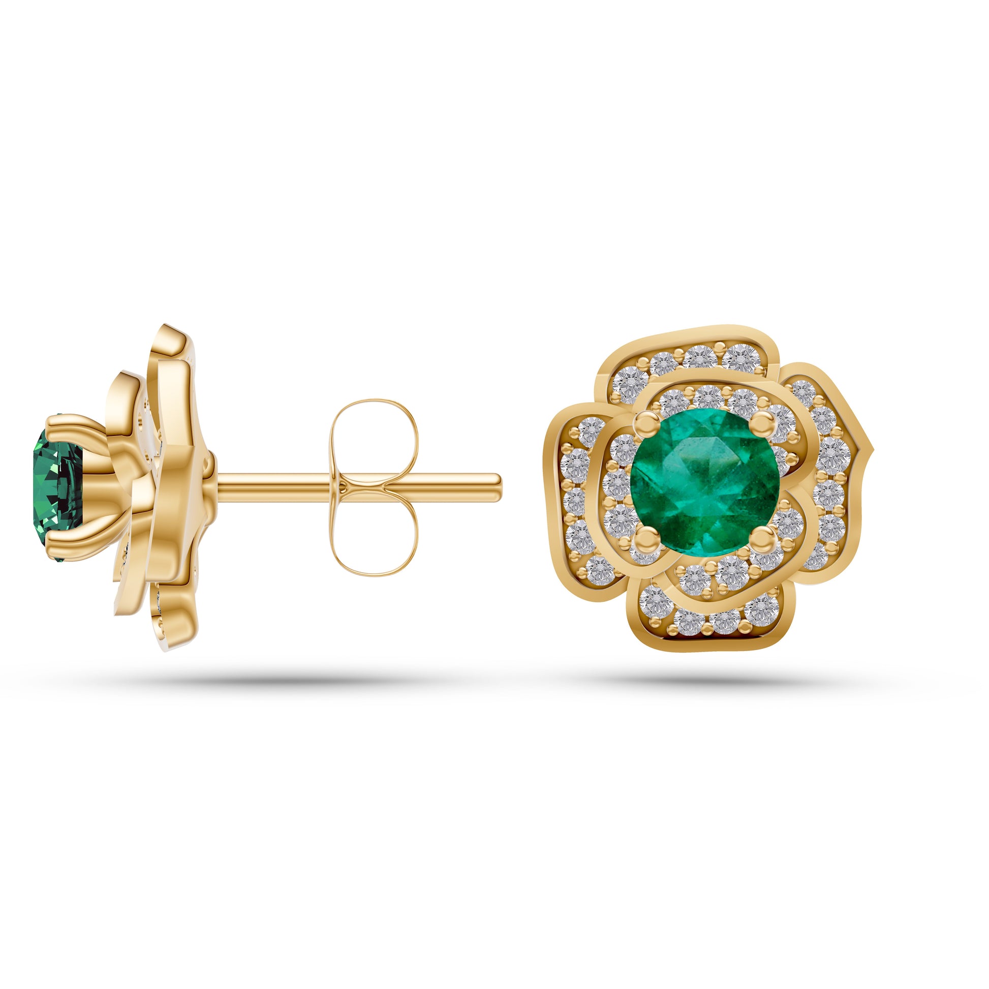 Emerald Blossom Diamond Stud Earrings In 14K Gold