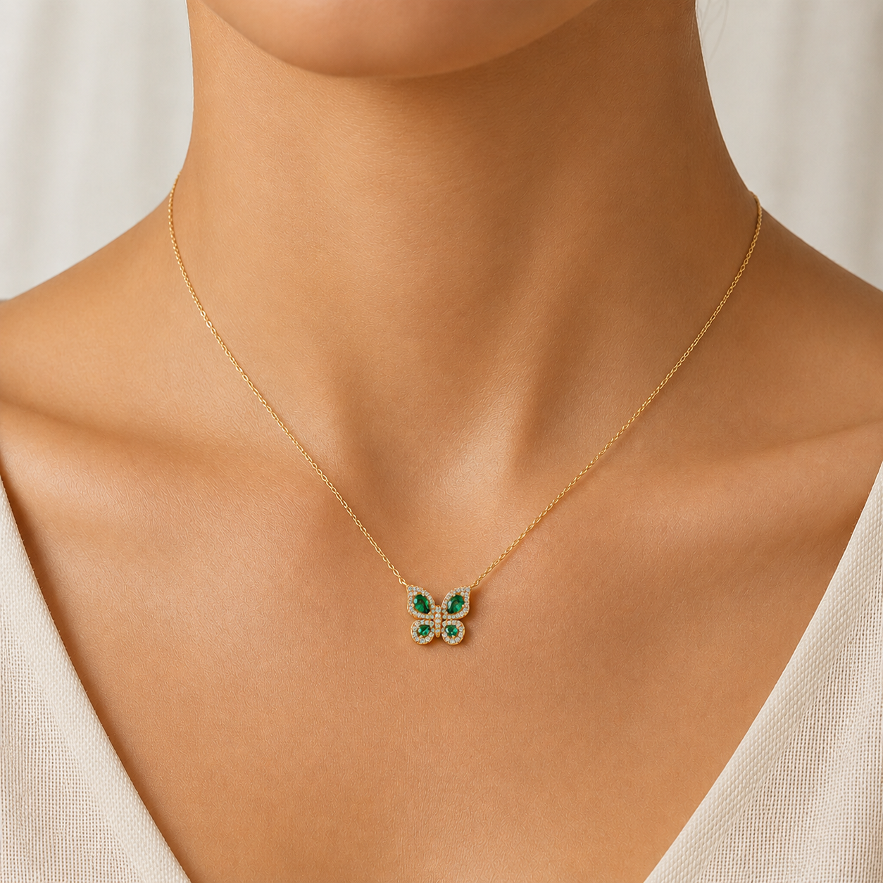 Emerald Butterfly Diamond Necklace in 18K Gold