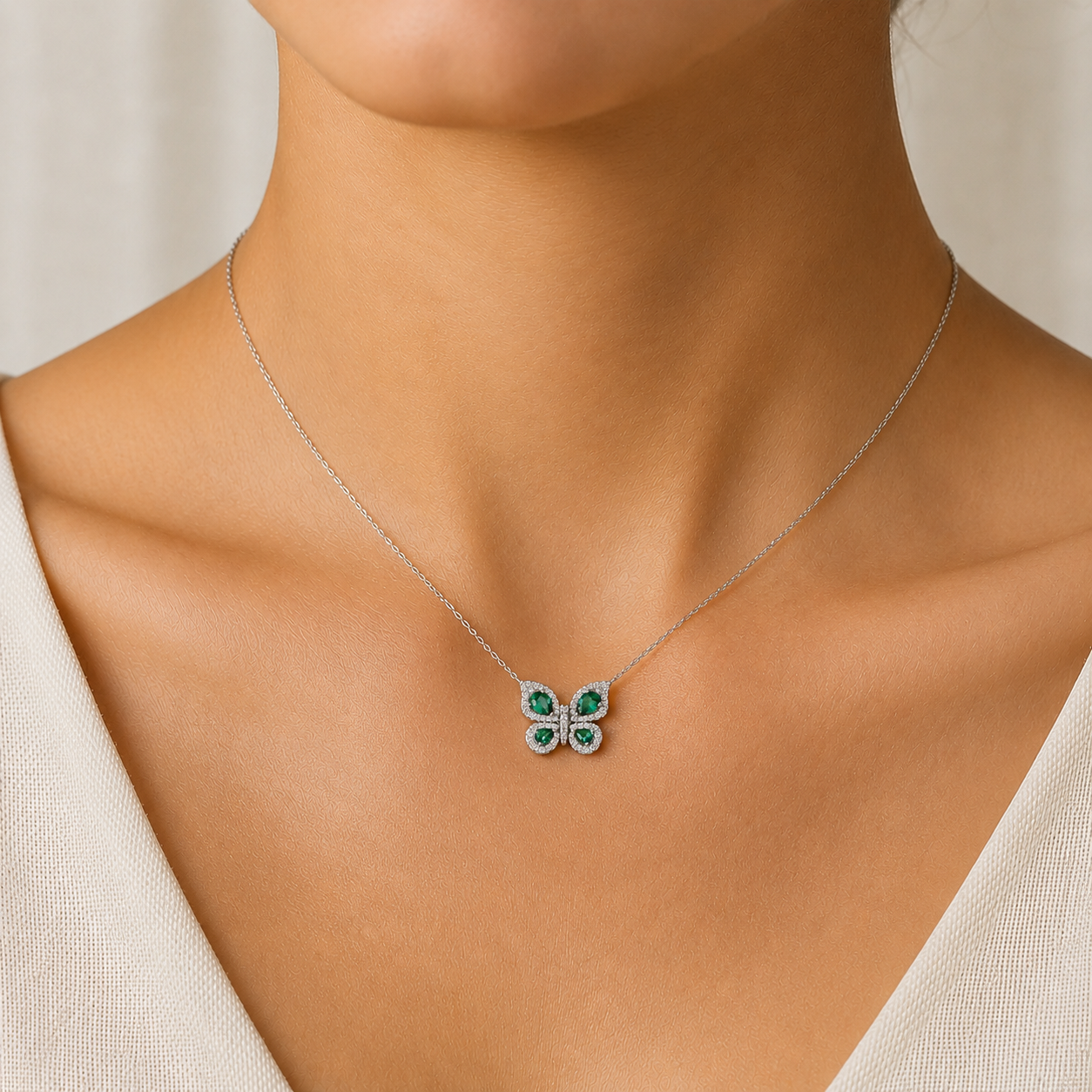 Emerald Butterfly Diamond Necklace in 18K Gold