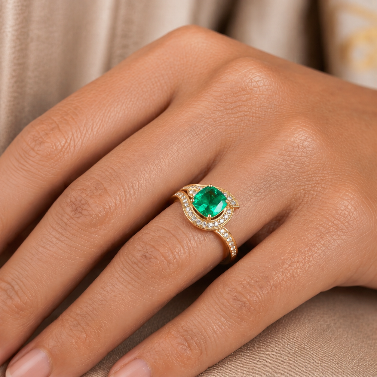 Emerald Cushion Azure Diamond Ring In 14K Gold