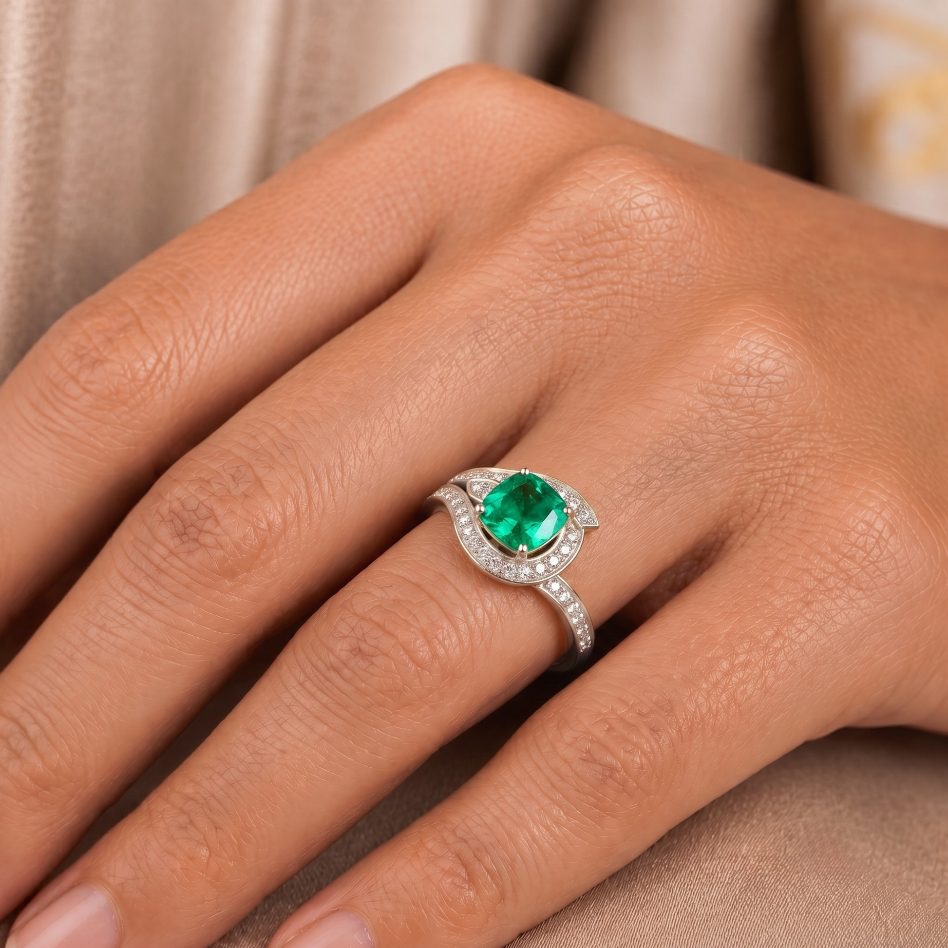 Emerald Cushion Azure Diamond Ring In 14K Gold