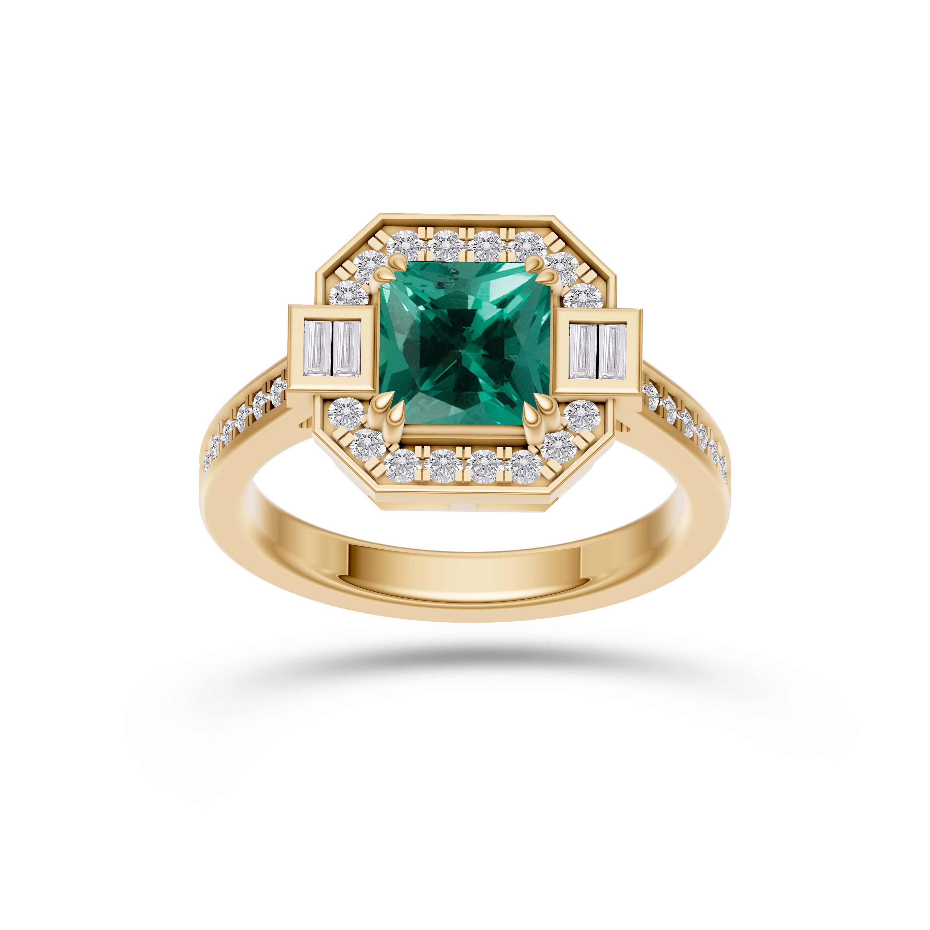 Emerald Cushion Prestige Ring In 14K Gold