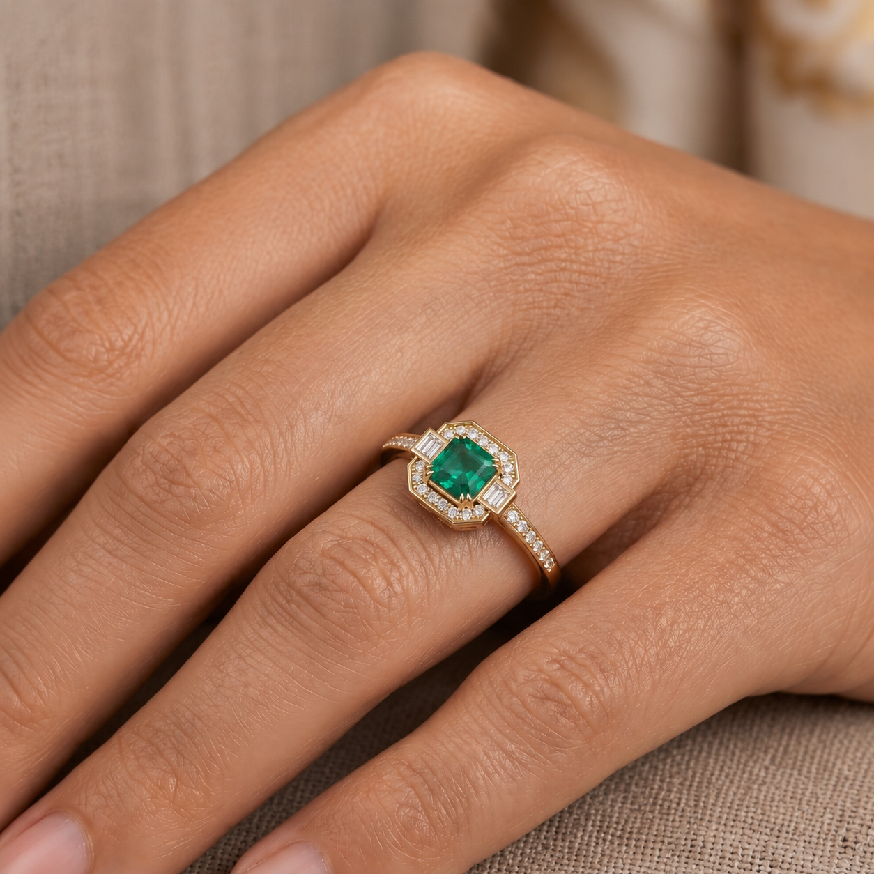 Emerald Cushion Prestige Ring In 14K Gold