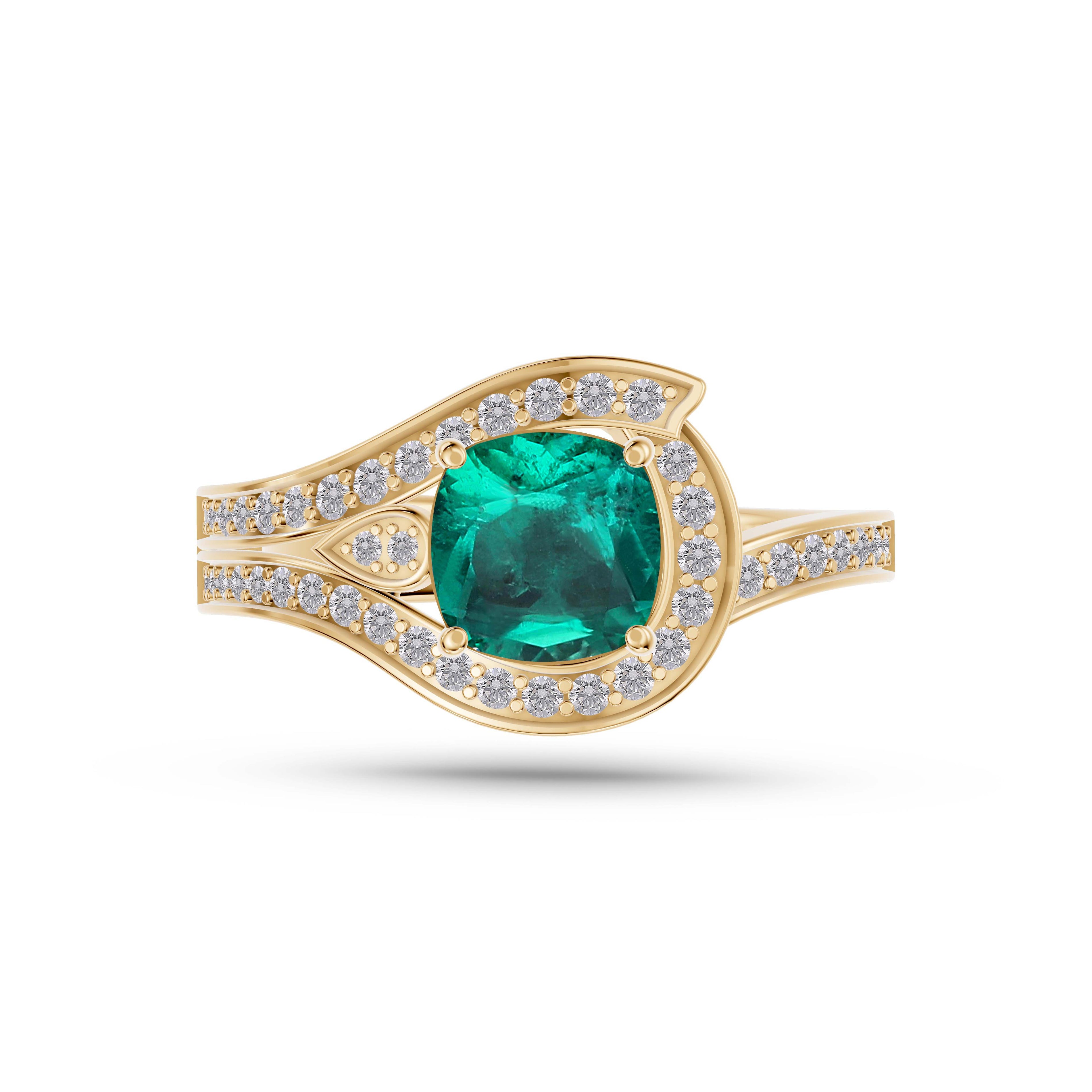 Emerald Cushion Azure Diamond Ring In 14K Gold