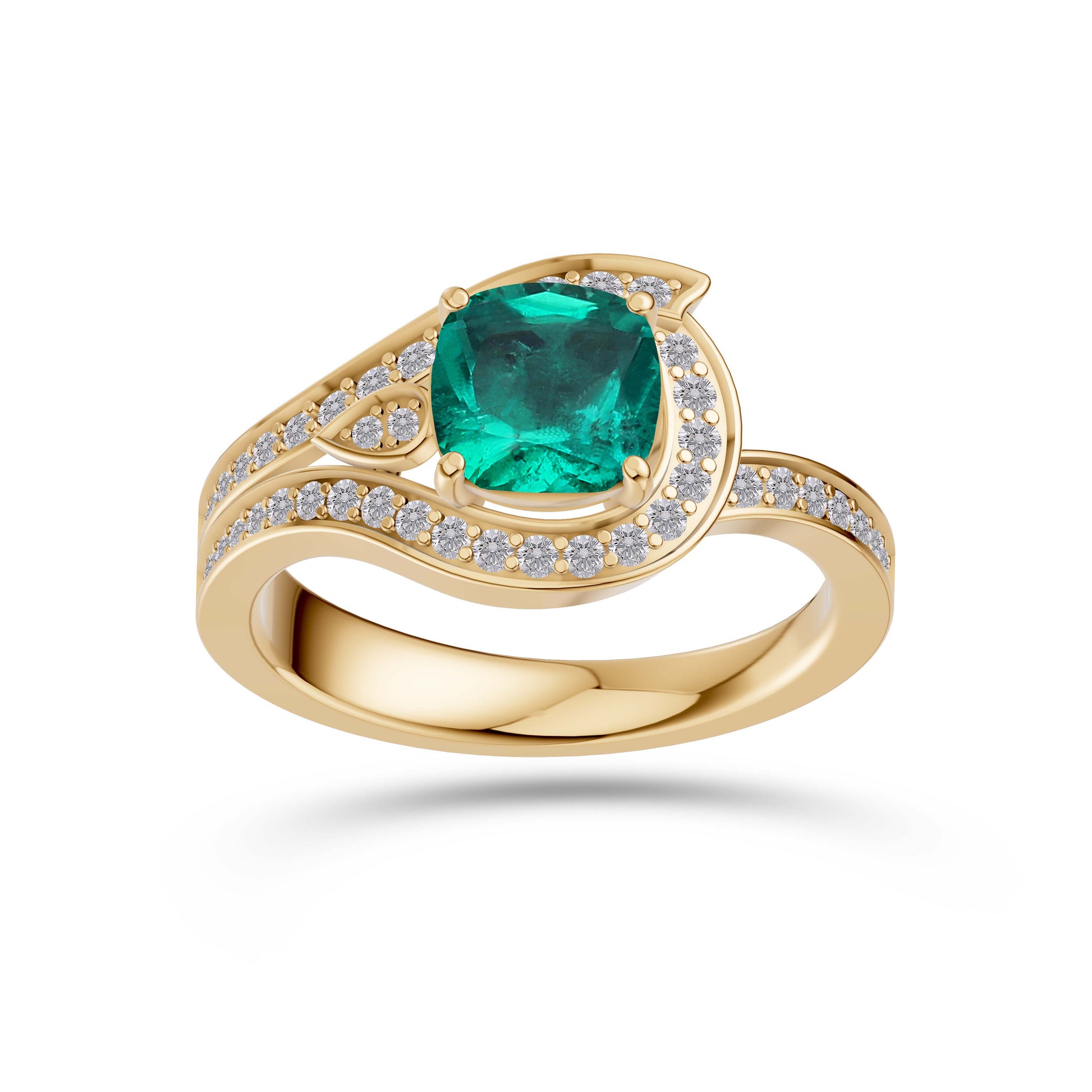 Emerald Cushion Azure Diamond Ring In 14K Gold
