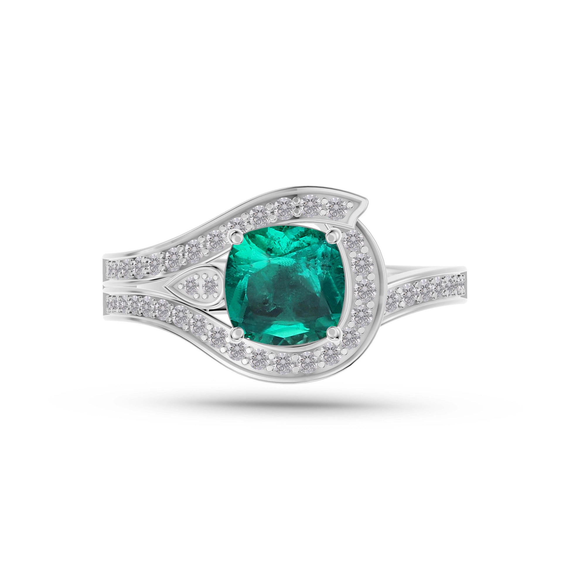 Emerald Cushion Azure Diamond Ring In 14K Gold