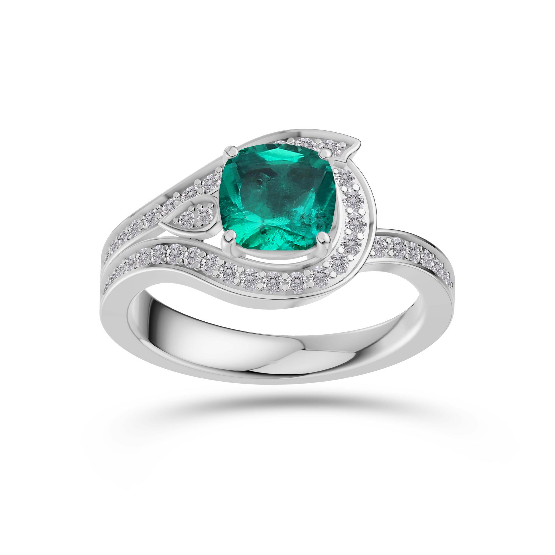 Emerald Cushion Azure Diamond Ring In 14K Gold