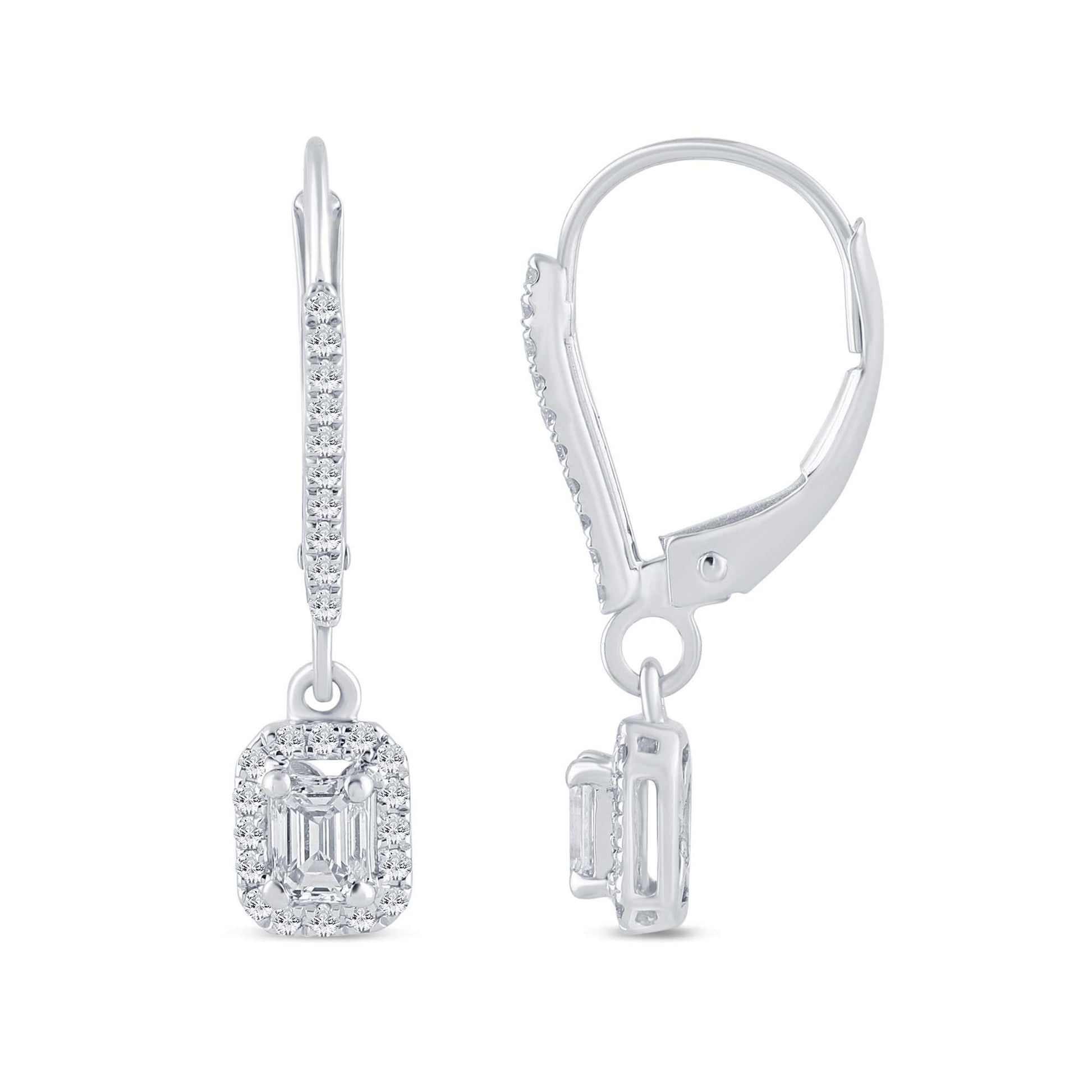Emerald-Cut Halo Diamond Earrings In 14K Gold