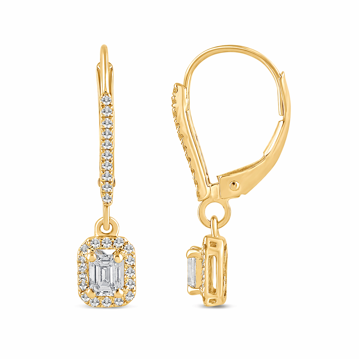 Emerald-Cut Halo Diamond Earrings In 14K Gold