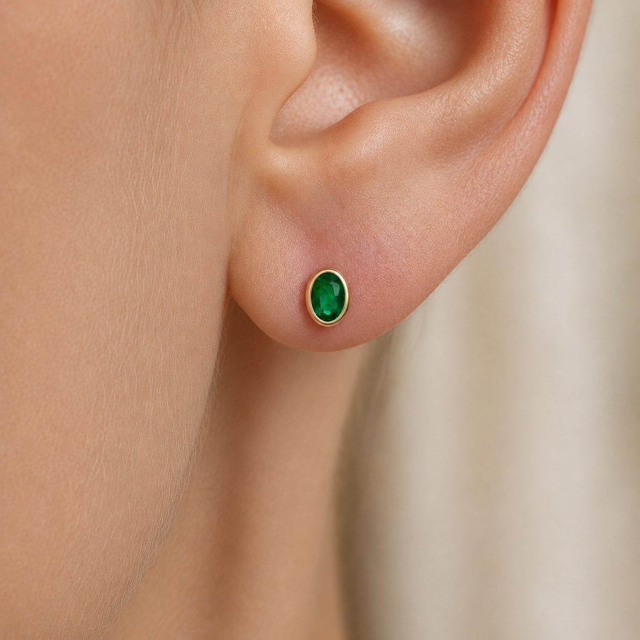 Emerald Oval Bezel Earrings in 18K Gold
