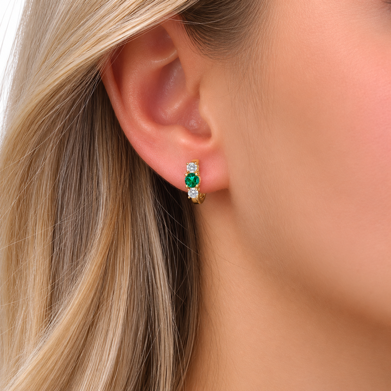 Emerald and Diamond Huggie Earrings in 18K Gold