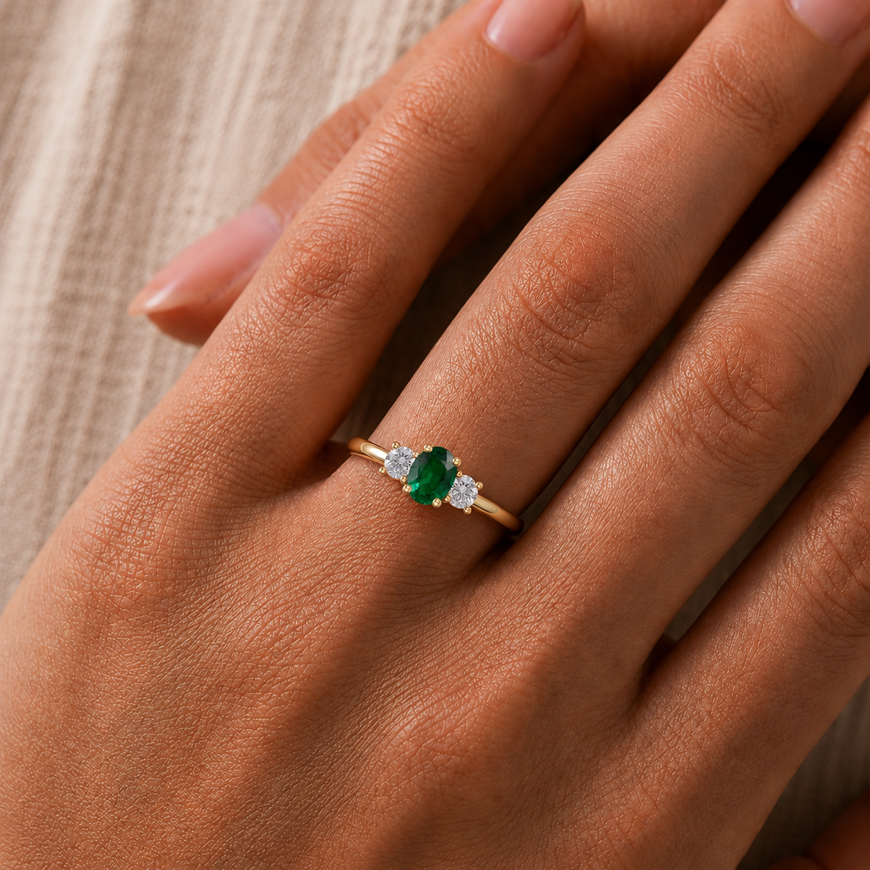 Emerald and Diamond Three Stone Ring in 18K Gold