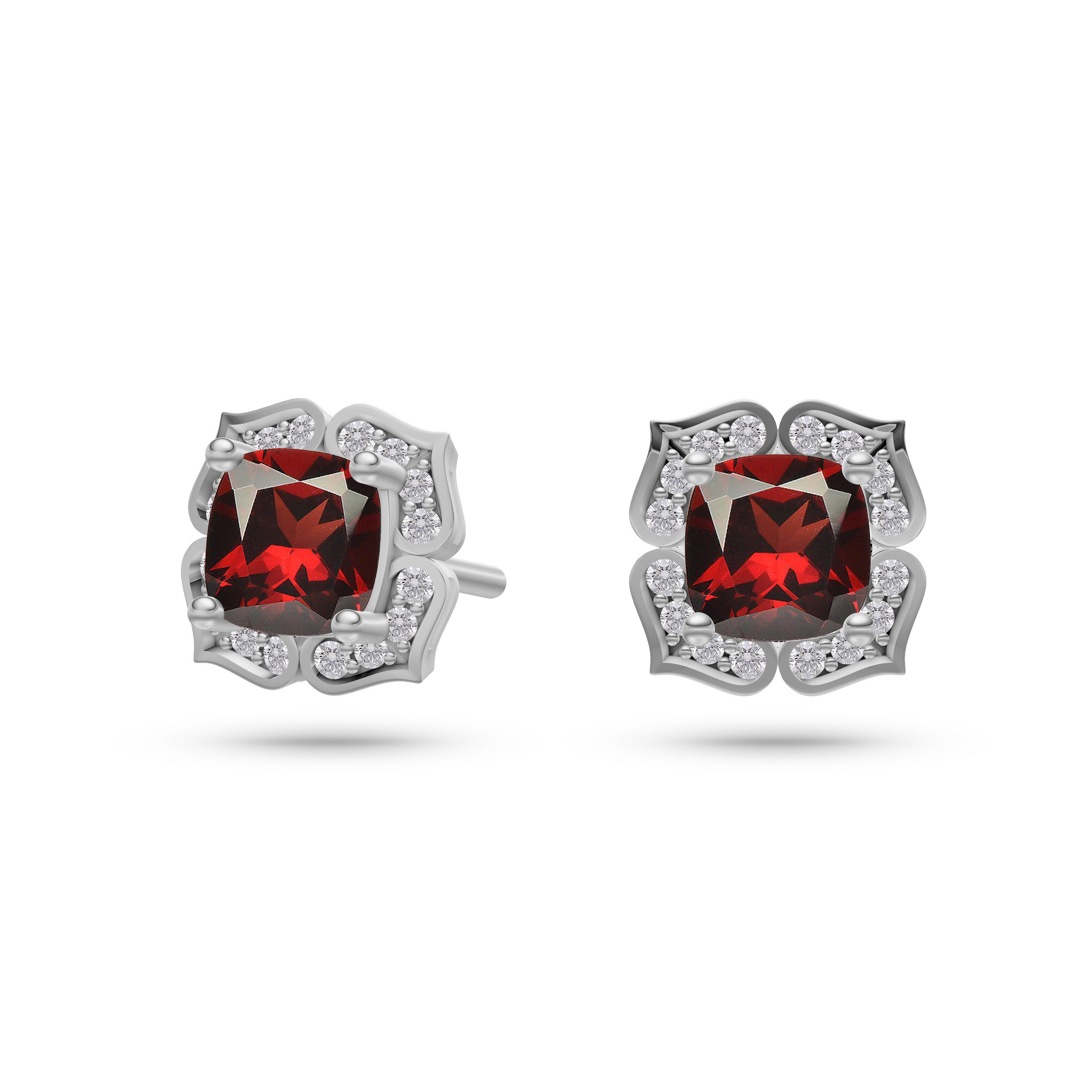 Floral Halo Cushion Garnet Earrings in 14K Gold