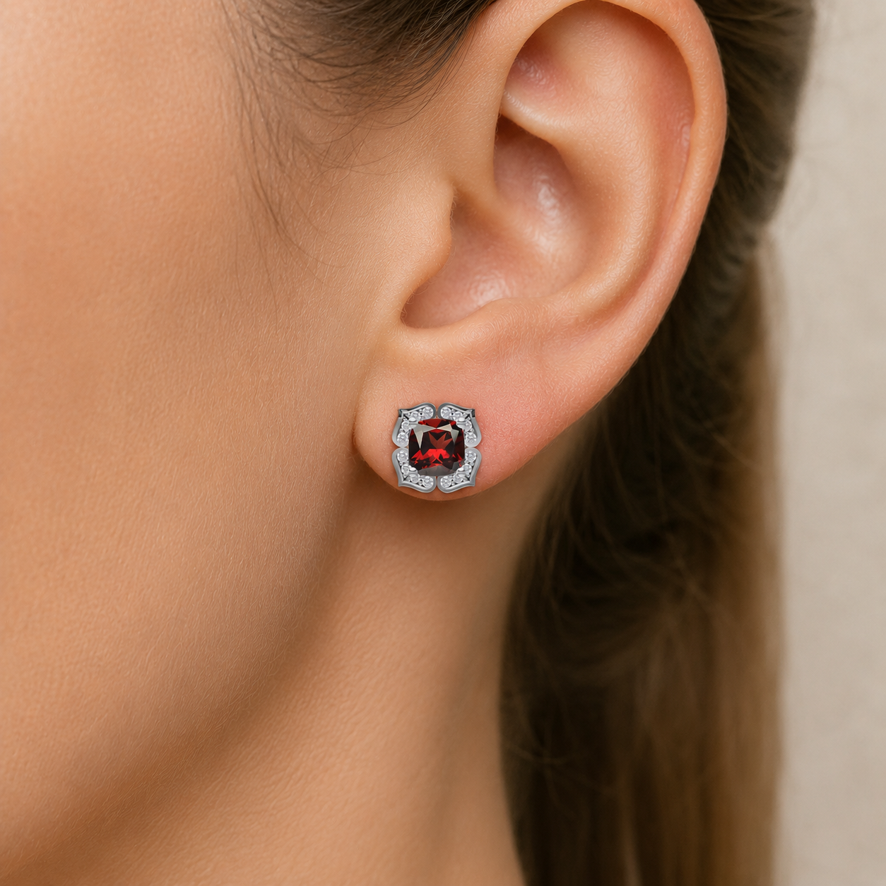 Floral Halo Cushion Garnet Earrings in 14K Gold