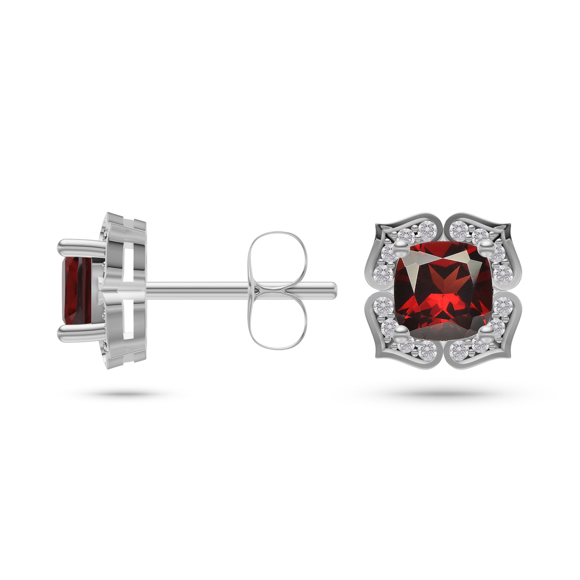 Floral Halo Cushion Garnet Earrings in 14K Gold