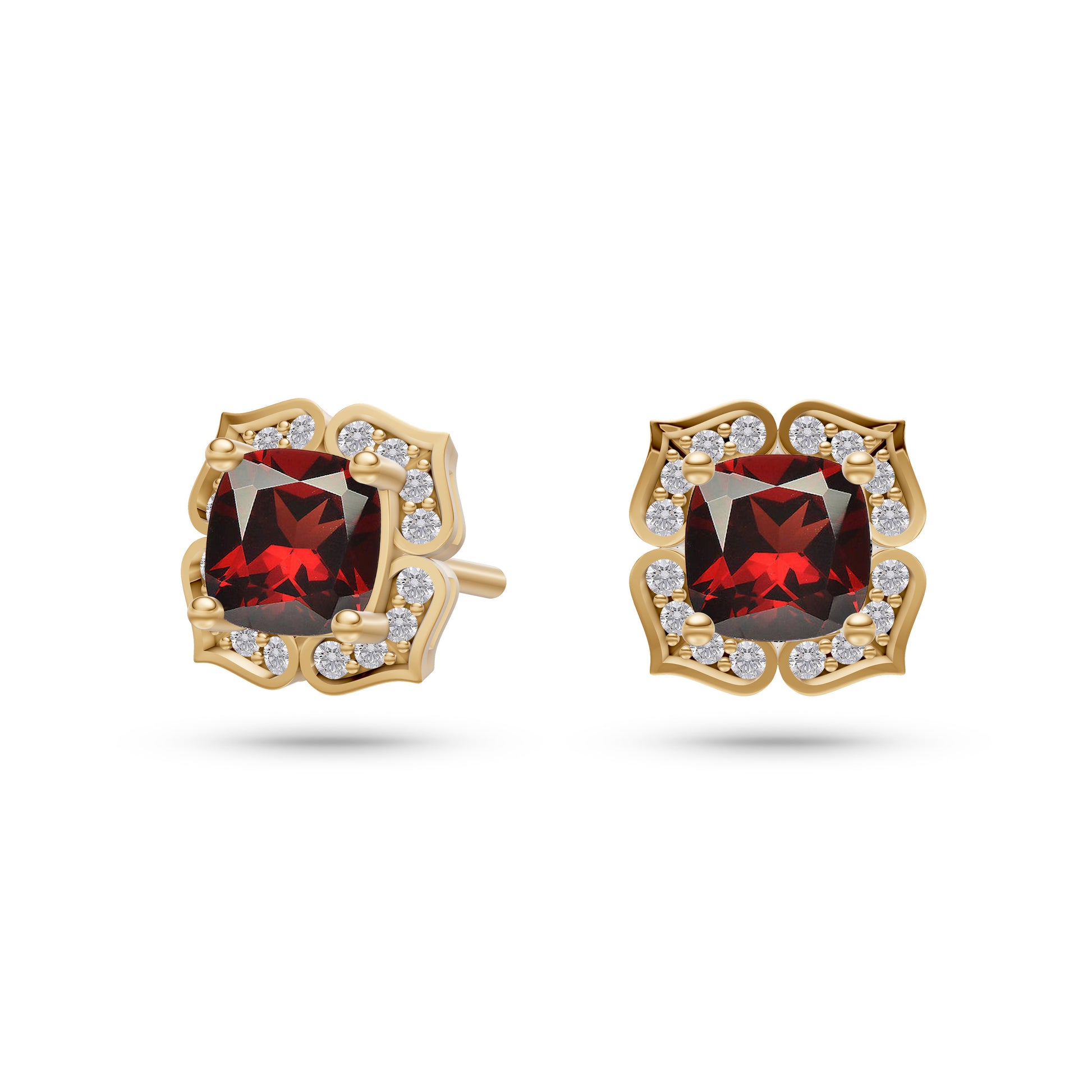 Floral Halo Cushion Garnet Earrings in 14K Gold