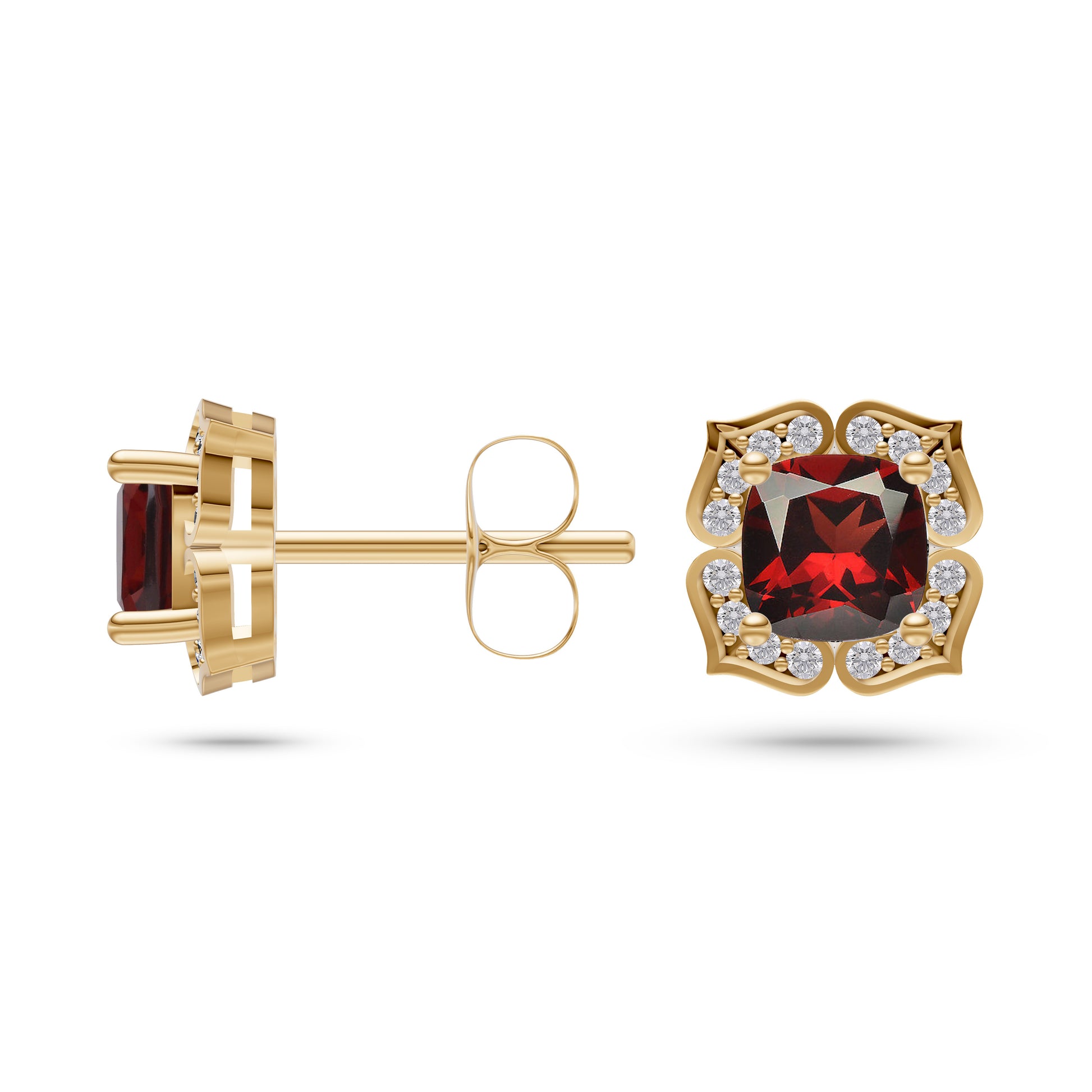 Floral Halo Cushion Garnet Earrings in 14K Gold