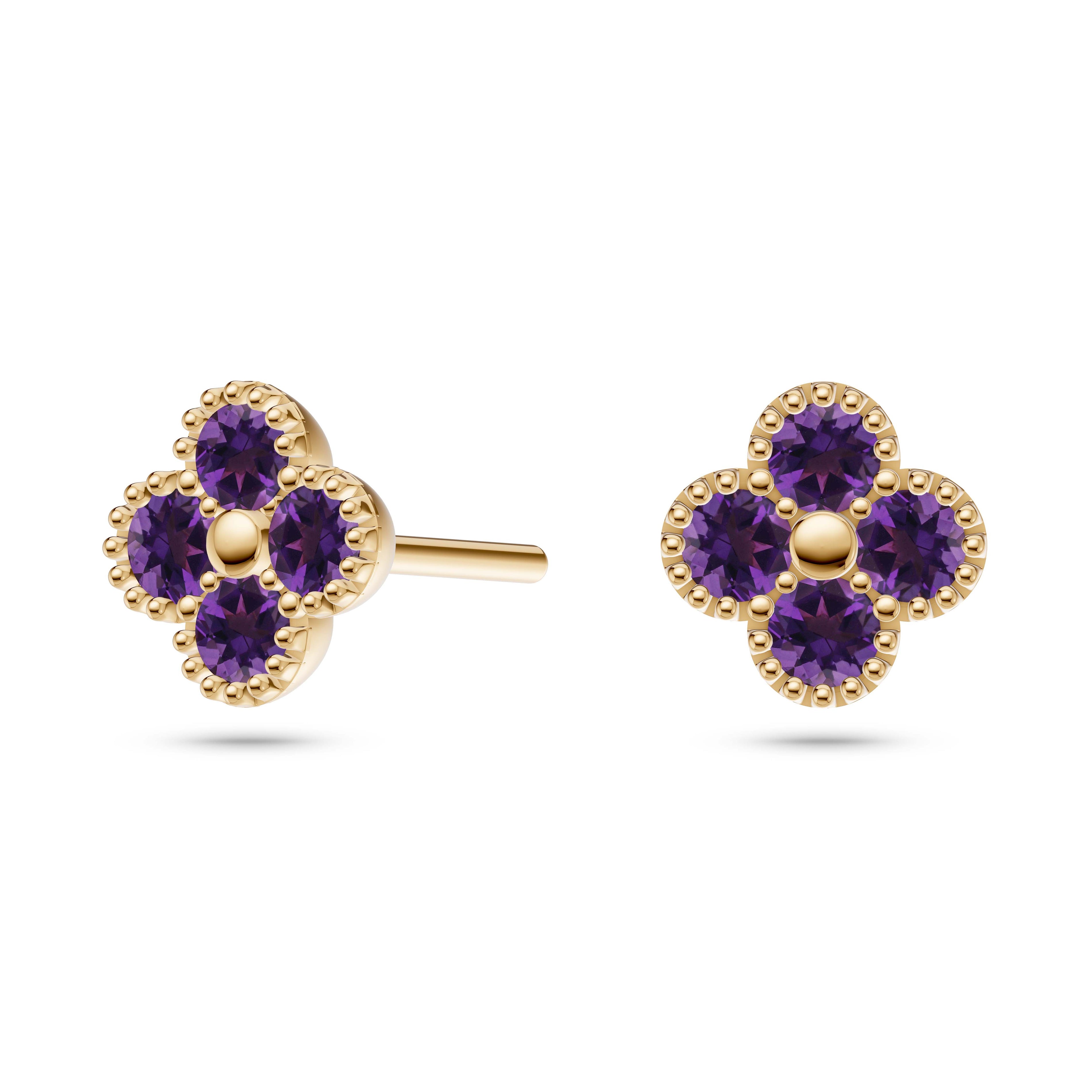 Floral Shaped Amethyst Stud Earrings In 14K Gold