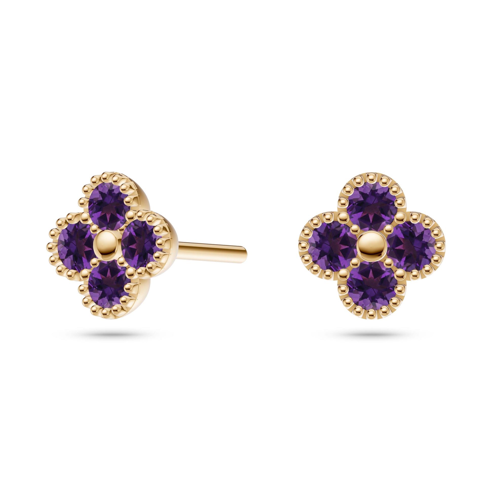 Floral Shaped Amethyst Stud Earrings In 14K Gold