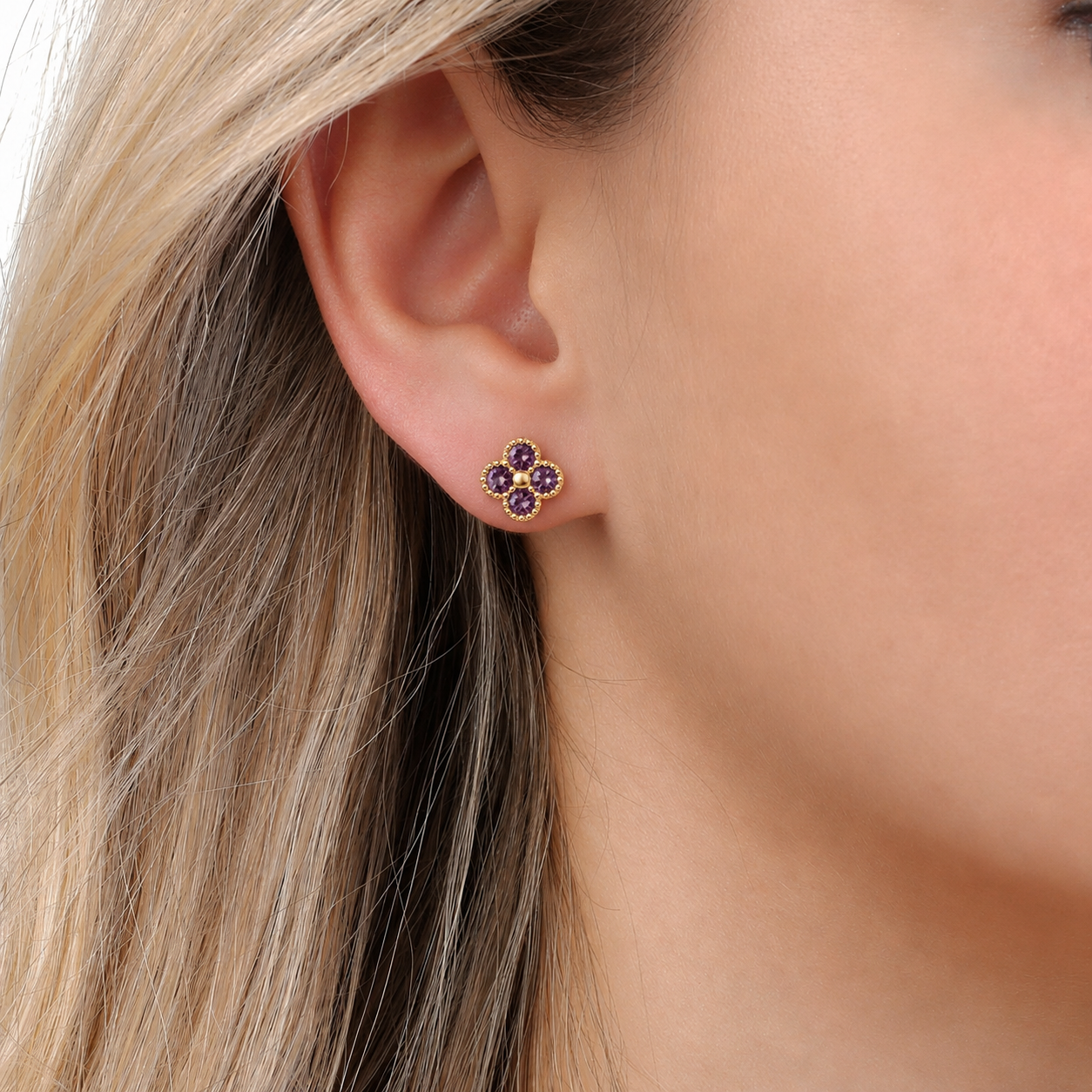 Floral Shaped Amethyst Stud Earrings In 14K Gold