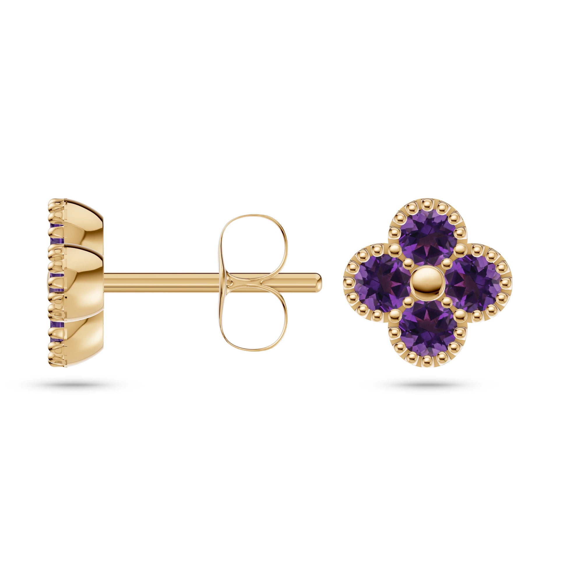 Floral Shaped Amethyst Stud Earrings In 14K Gold