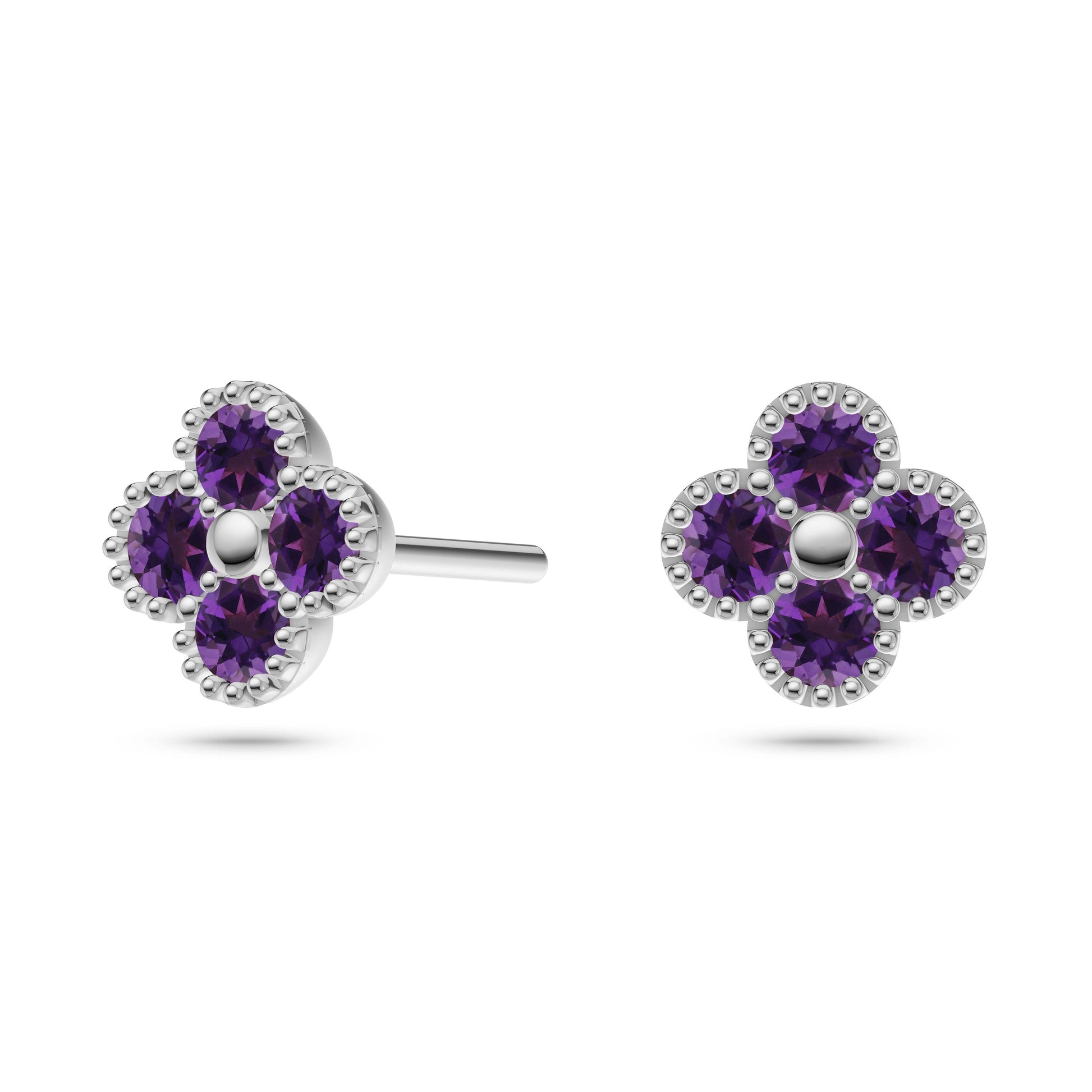 Floral Shaped Amethyst Stud Earrings In 14K Gold