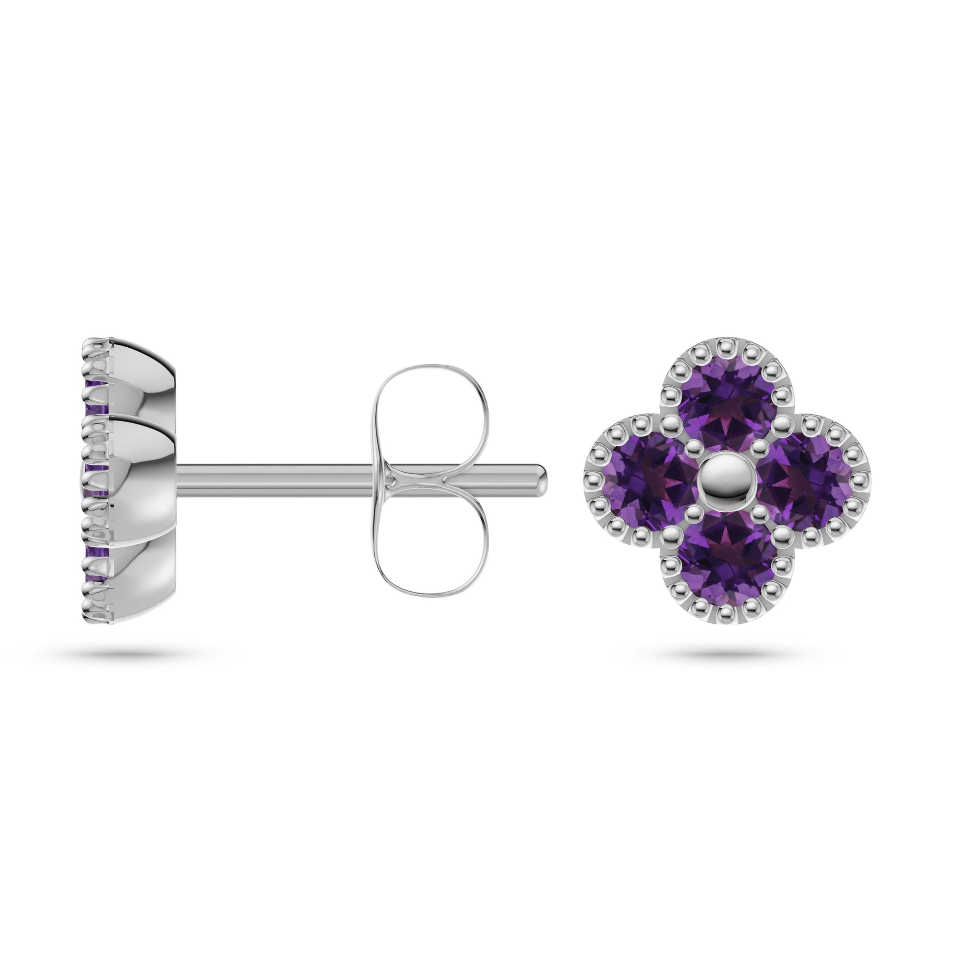 Floral Shaped Amethyst Stud Earrings In 14K Gold