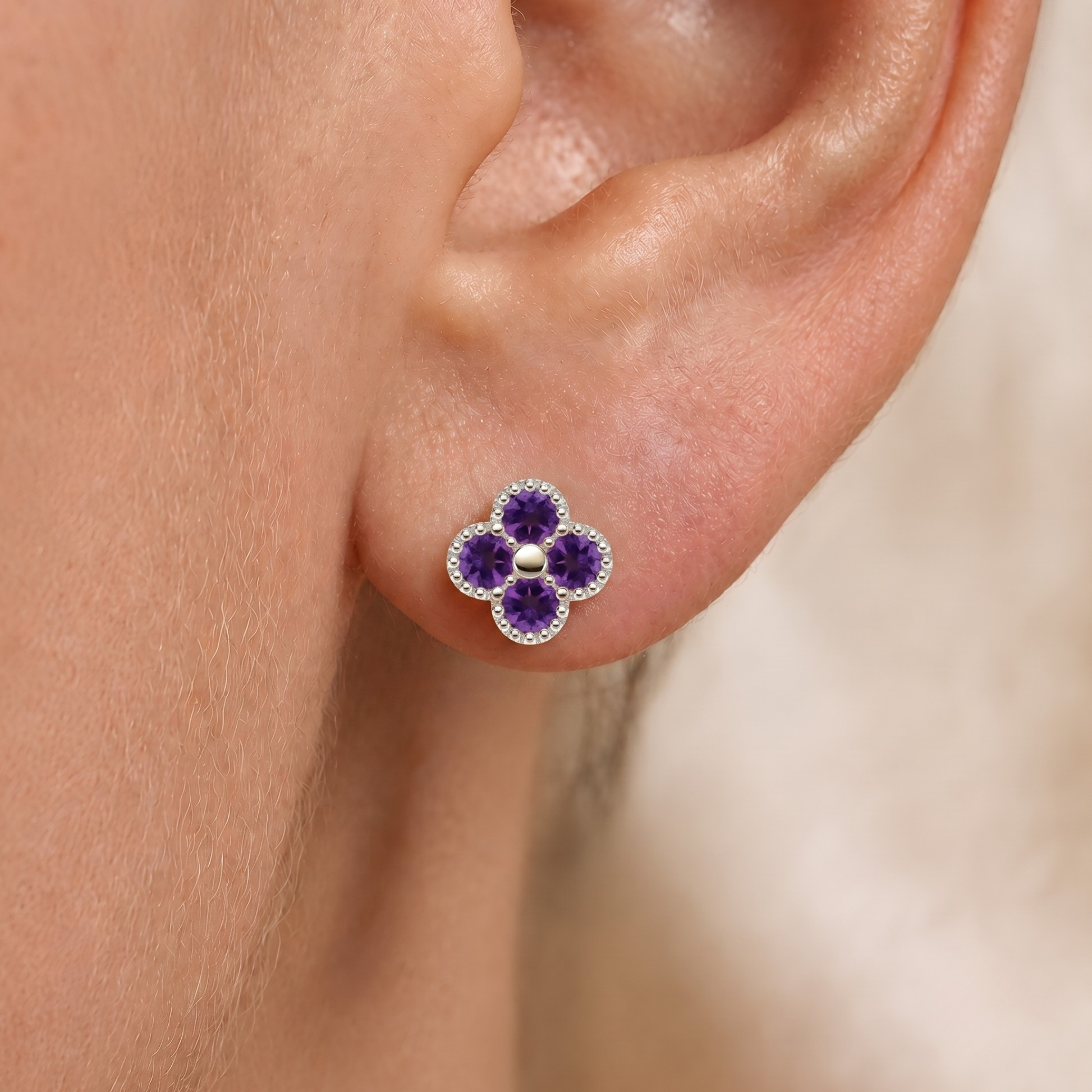 Floral Shaped Amethyst Stud Earrings In 14K Gold