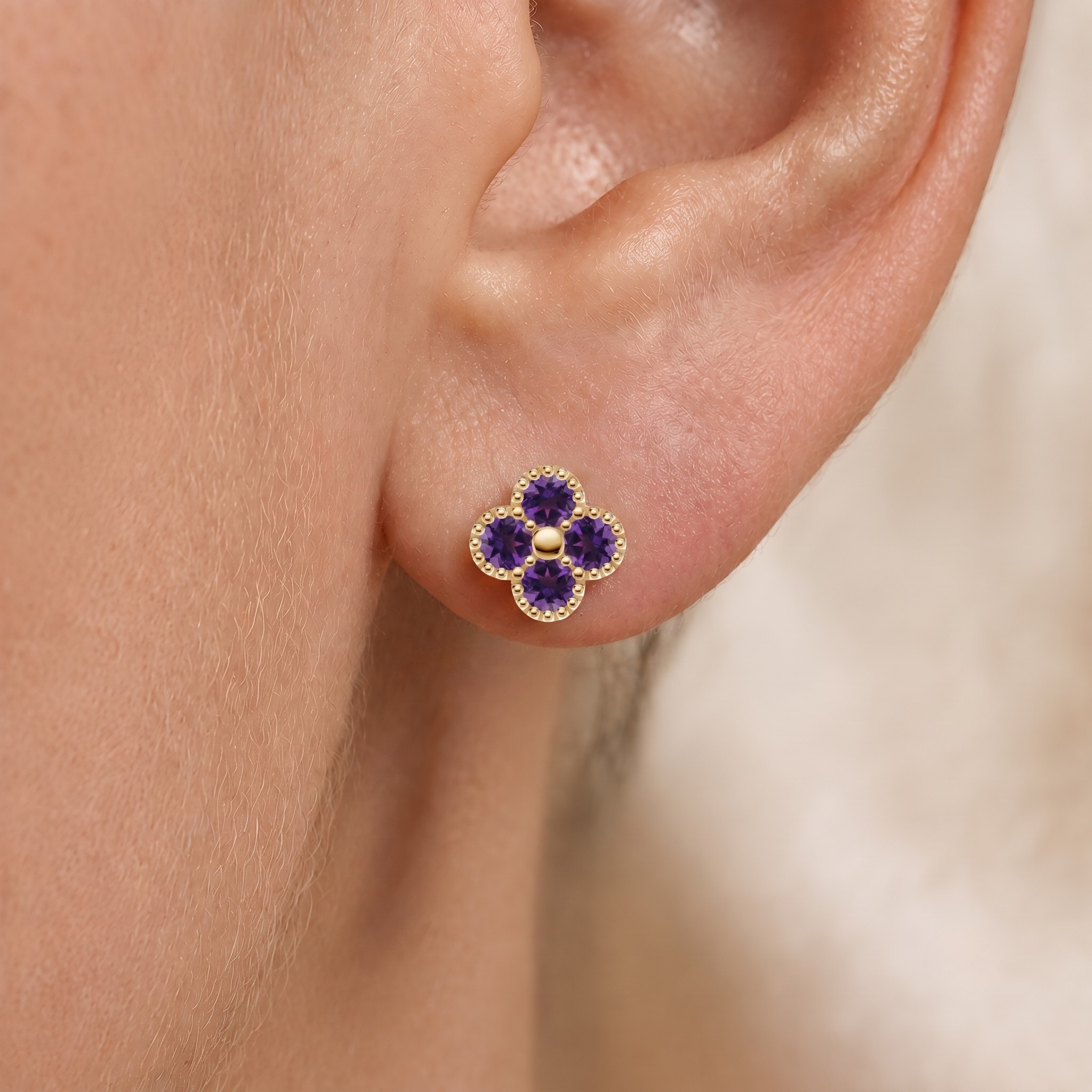 Floral Shaped Amethyst Stud Earrings In 14K Gold